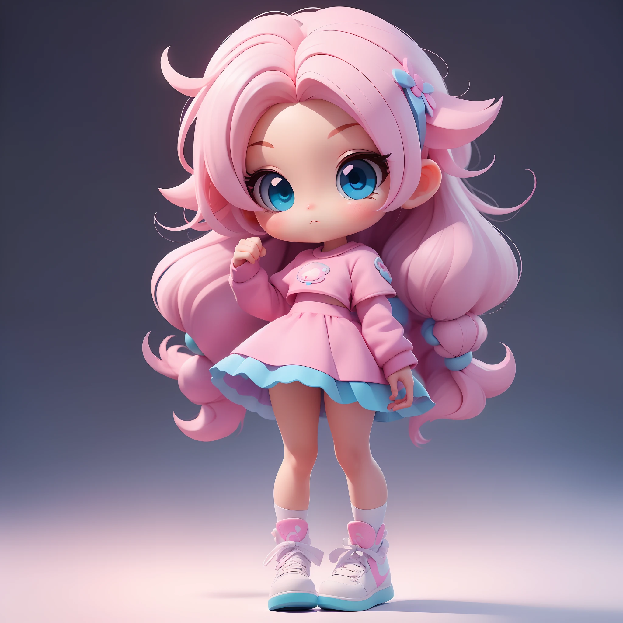 Close up of a doll with pink hair and blue eyes, render of a cute 3d anime girl, Stylized anime, anime styled 3d, cute 3 d render, Chibi anime girl, Cute detailed digital art, cute character, 3d anime girl, adorable digital art, lovely art style, pink twintail hair and cyan eyes, advanced digital chibi art