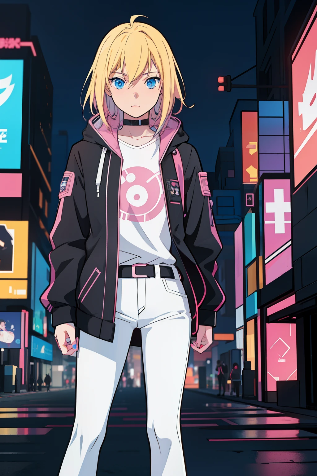 solo, 1girl, (masterpiece), ((16 year old appearance)), Blonde hair, Medium hair, blue eyes, anime girl, black jacket with pink details and white shirt, white pants, cyberpunk city, nigth,