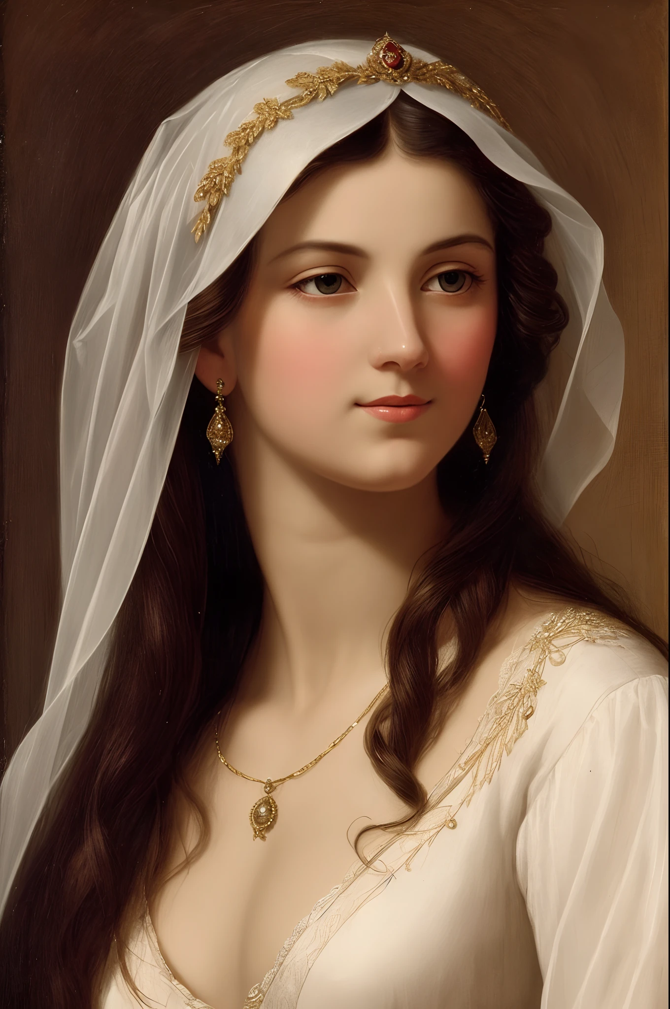 In the portrait "Lady with a veil" Or "A woman in a veil" Raphael, we see a girl in clothes of the XVI century, Renaissance, well-groomed thin eyebrows,,, elegant, Refined nose, expressive lips, powdered cheeks with a slight blush, Tidy-up dark hair and transparent veil, draped with gold thread on the head. She looked at us with her eyes, That, Seemed, were full of mystery and quiet sadness. Her beautiful features and grace make an impression, that she was a noble lady or a beautiful princess. The picture means sensuality and femininity