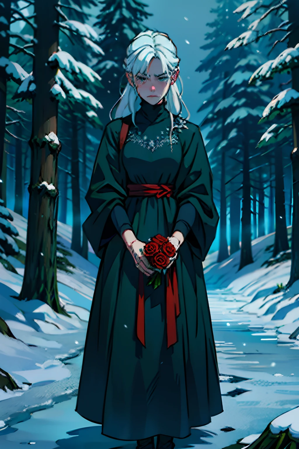 A sad and angry woman, standing in snow, crying, wearing a long black dress, holding a bouquet of dead roses, background is dark pine forest, mood is sadness, pain, hate, dark eerie light, wintertime, character design.