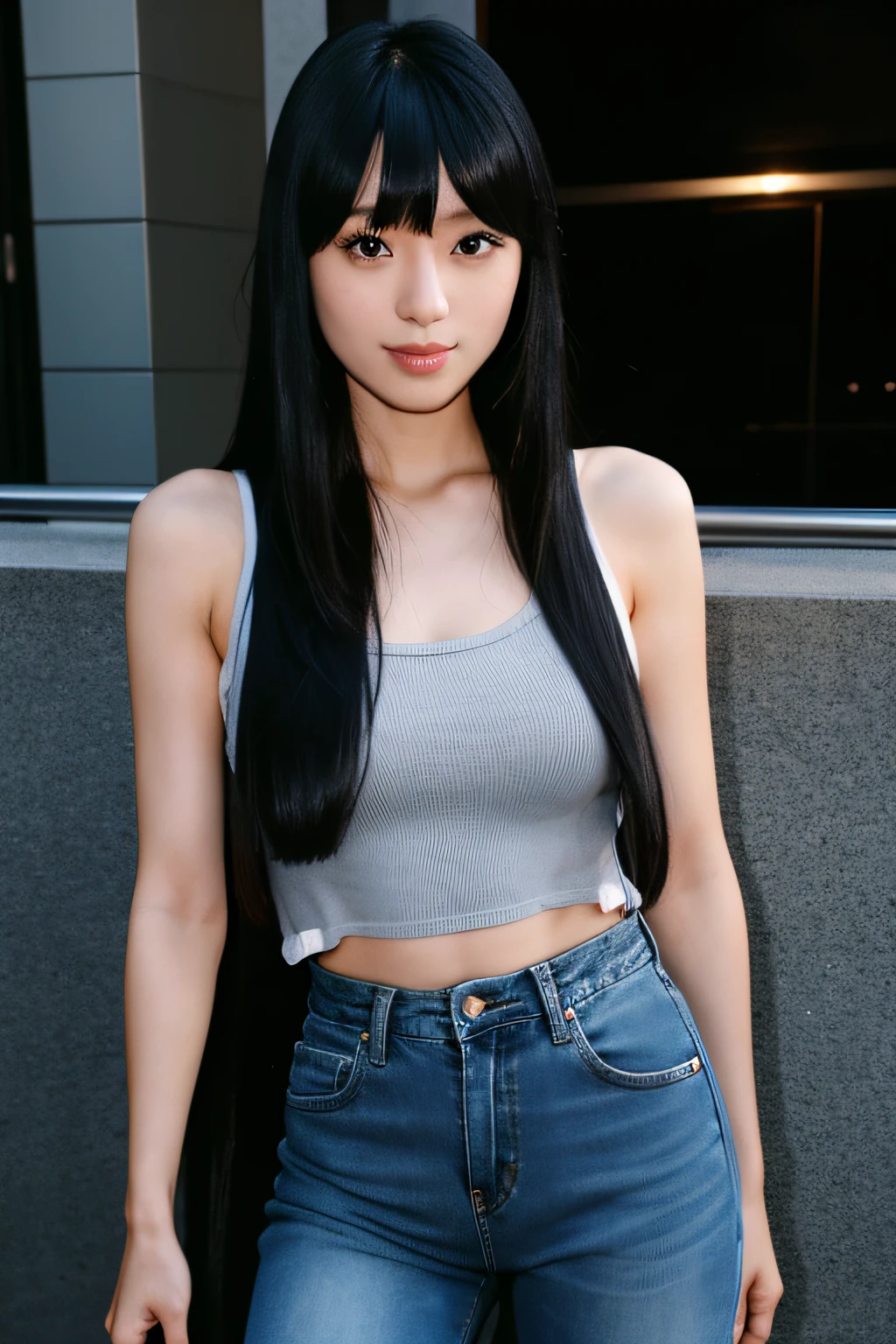 1girl, KCHIAKI, jet black hair, black eyes, long hair, straight hair, bangs, japanese face, japanese actor, camisole, jeans,