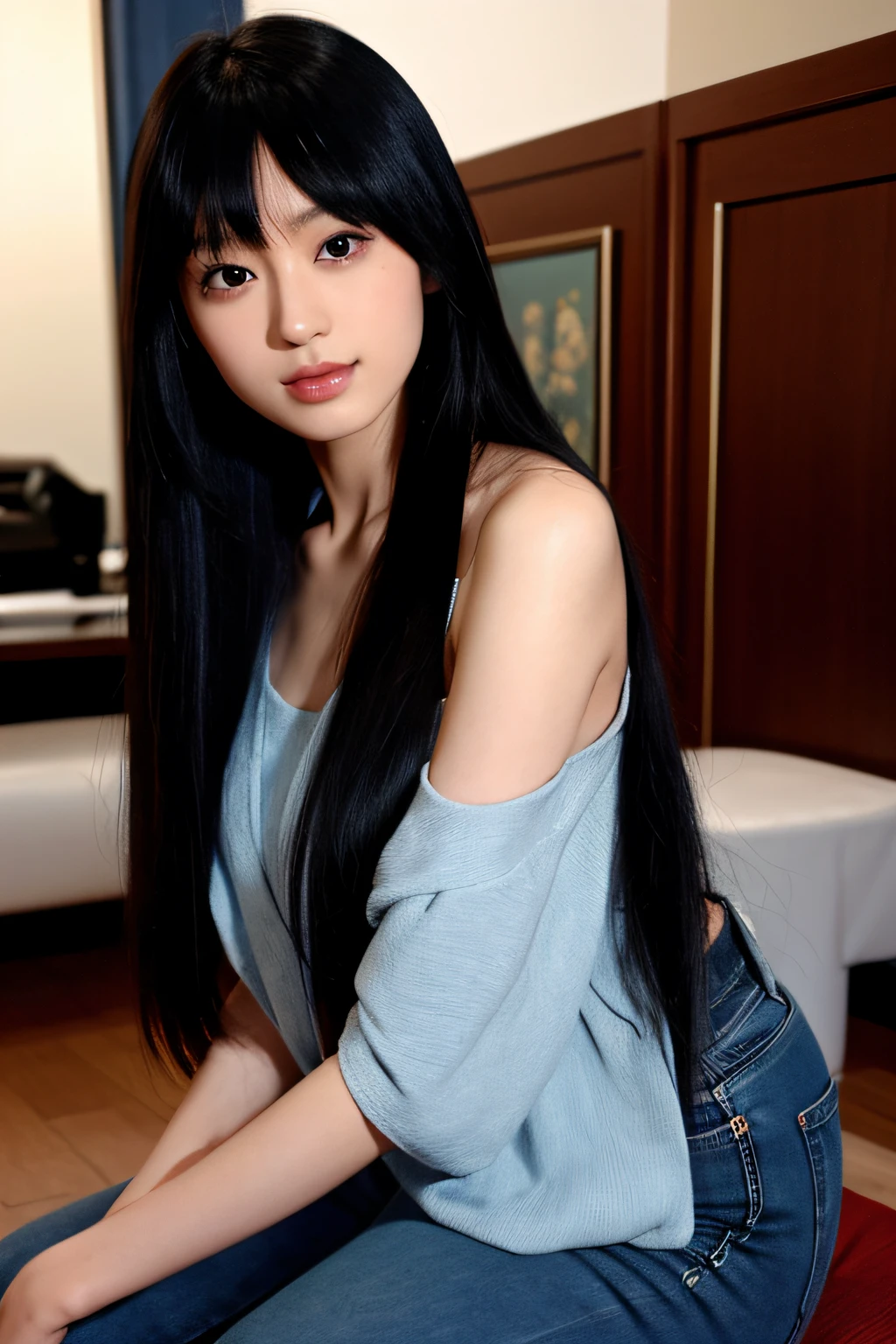 1girl, KCHIAKI, jet black hair, black eyes, long hair, straight hair, bangs, japanese face, japanese actor, camisole, jeans,