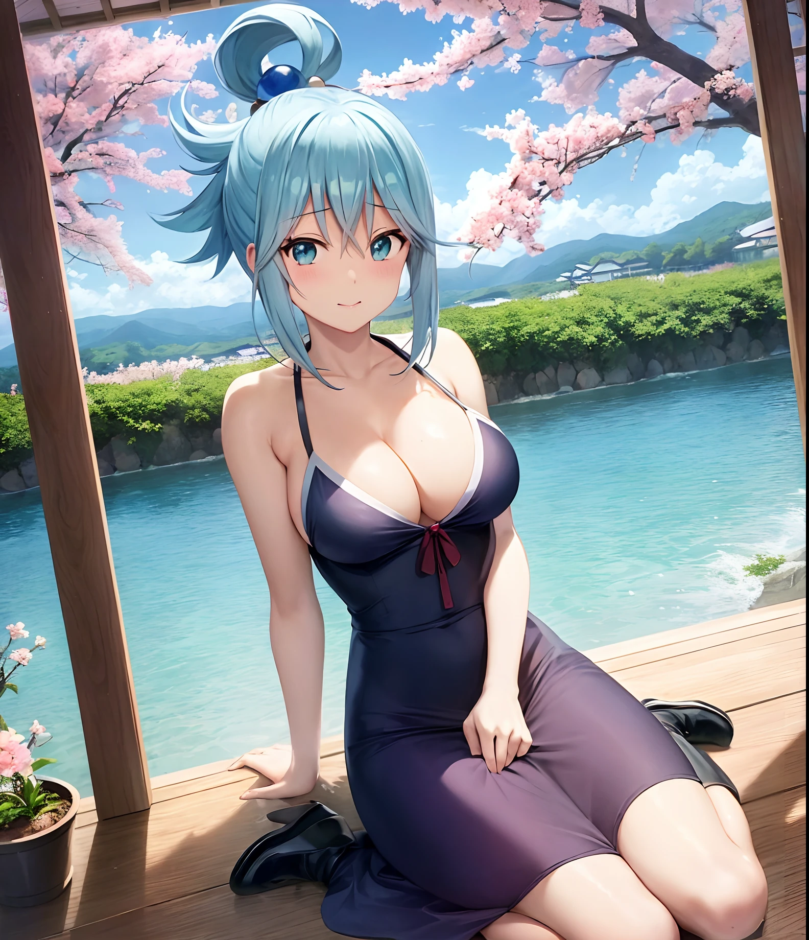 Aqua do anime Konosuba, cabelos longos cabelos azuis, olhos azuis, Shy, Japan, Sakura, breathtaking view.