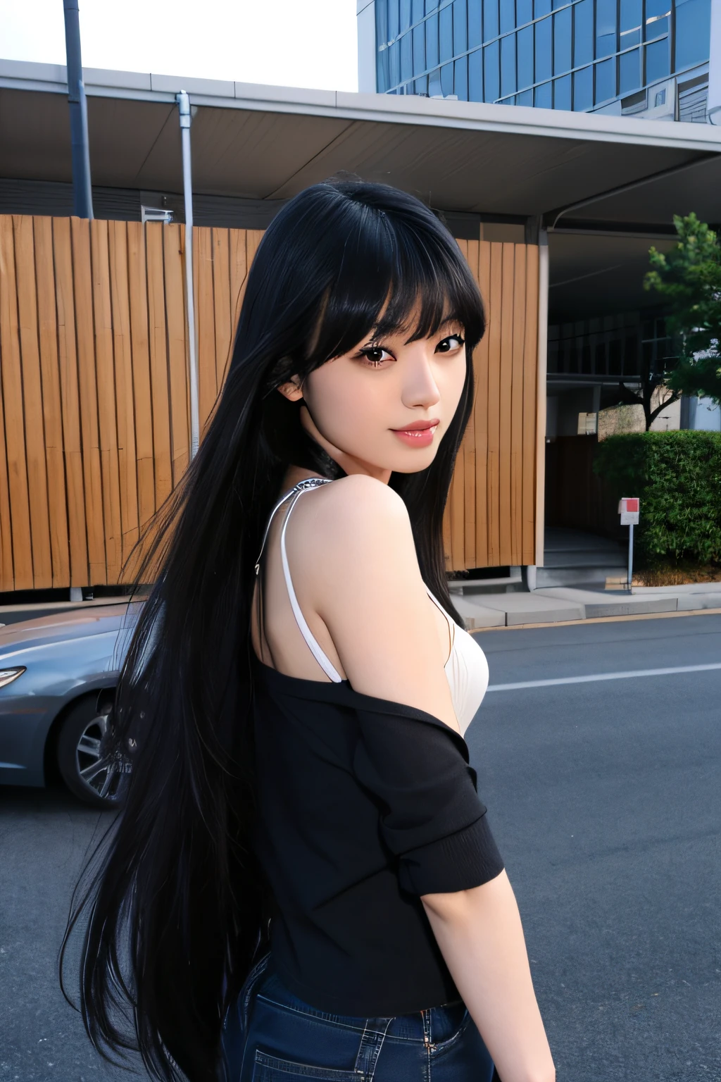 1girl, KCHIAKI, jet black hair, black eyes, long hair, straight hair, bangs, japanese face, japanese actor, camisole, jeans,