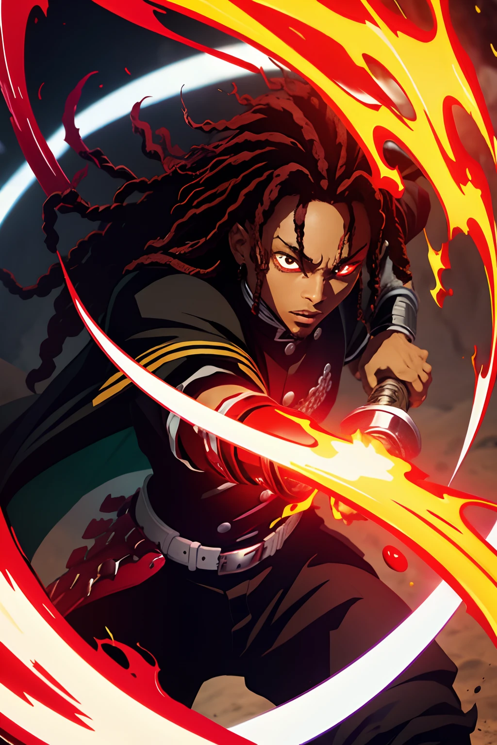 black young man, uniforme demon slayer, Dreads, black and red hair, red sword, negro, lindo, fire