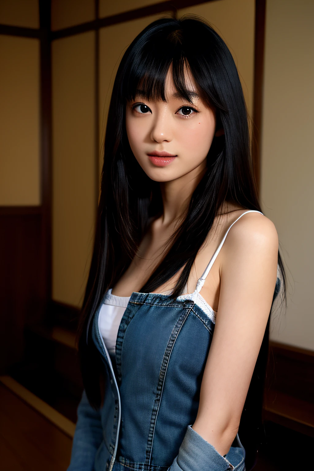 1girl in, Kuchiaki, jet-black hair, Black eyes, Long hair, Straight hair, Bangs, Japanese face, Japanese actor, Camisole, jeans,