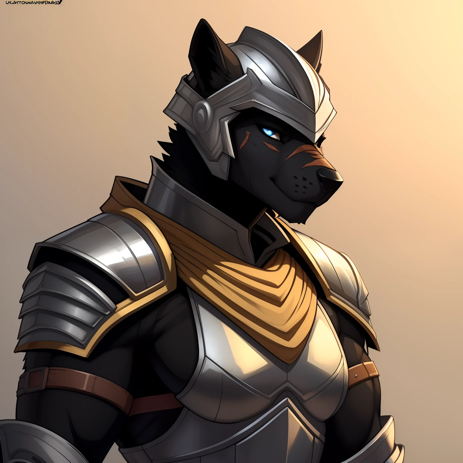 Tall_curvy_muscular_warhound female black_furry_body silver_eyes heavy_plate_armor helmet yellow_tabard_and_surcoat scarred_body solo portrait Masterpiece best_quality absurdres highly_detailed cleanly_drawn_eyes anthro_only by_claweddrip, by_greasymojo, by_underscore-b, by_runawaystride