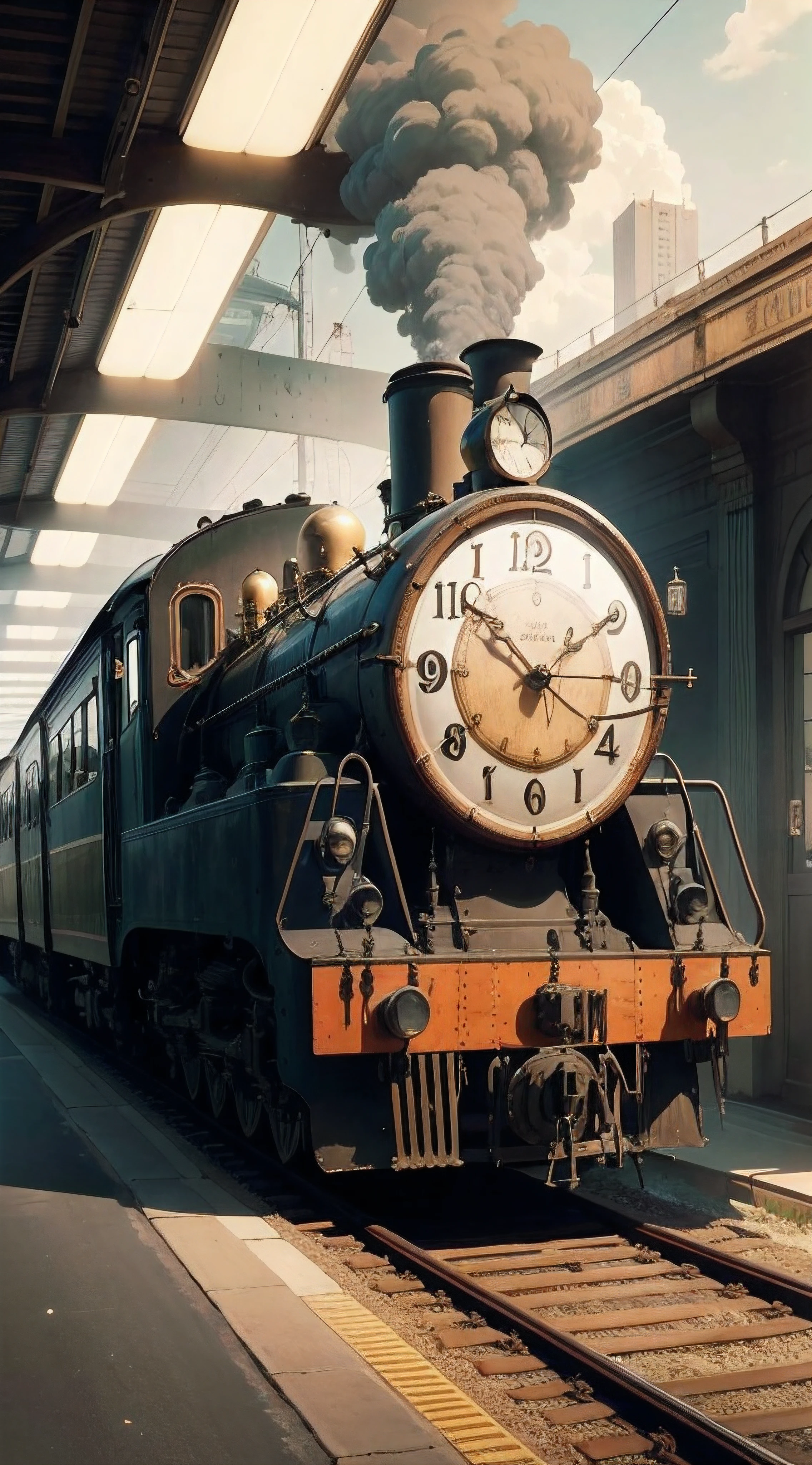 Crie uma imagem de alta qualidade (1.3) which features a vintage tech train with an antique clock on the front as a masterpiece. O trem deve ser exibido completamente, highlighting its retro design and unique features. 

Na frente da locomotiva, the antique clock should be prominent, com um algarismo romano estilizado, occupying most of the visual area, and all visible details. Ademais, na parte frontal do trem, Enter the number "1978" na frente do trem.

Imagine a scenario where this train seems to have come straight out of the 1920s, evoking nostalgia for the time of Maria Fumaça and Art Deco. As linhas elegantes e curvas suaves do trem devem se integrar harmoniosamente em uma paisagem ao ar livre, with sky and trees

Make sure that the old clock in front of the train is the focal point of the composition, incorporated in an integrated way and with details that refer to the old technology, as steam elements and mechanical gears. The image should capture the feel of a retro masterpiece with the train full, the front clock with Roman numerals and the number "1978" Na frente, all as centerpieces of the scene.