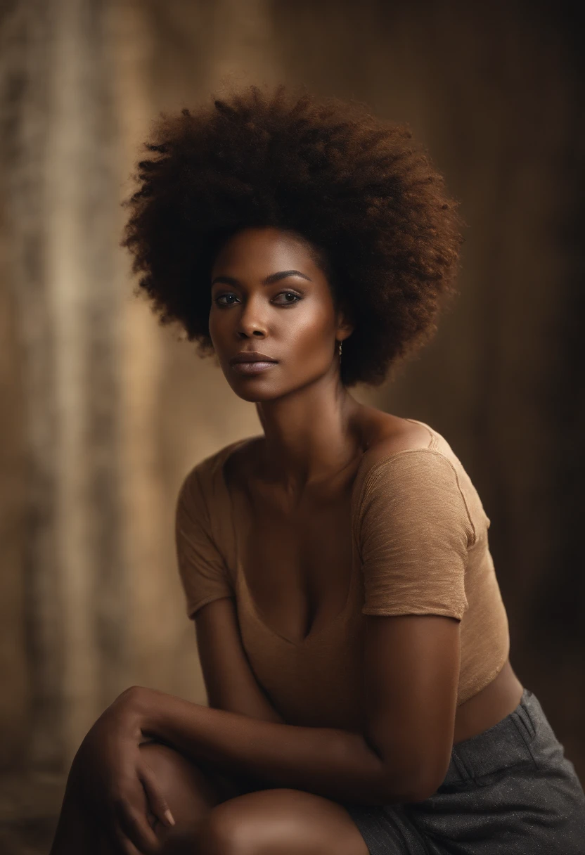 Destini with a very large afro hair posing for a picture, a digital rendering by Juan O'Gorman, shutterstock contest winner, afrofuturism, afro, afro hair, with textured hair and skin, with afro, light-brown skin, brown skin. light makeup, mixed-race woman, brown skin, diffused natural skin glow, brown skinned, make her look real and very beautiful