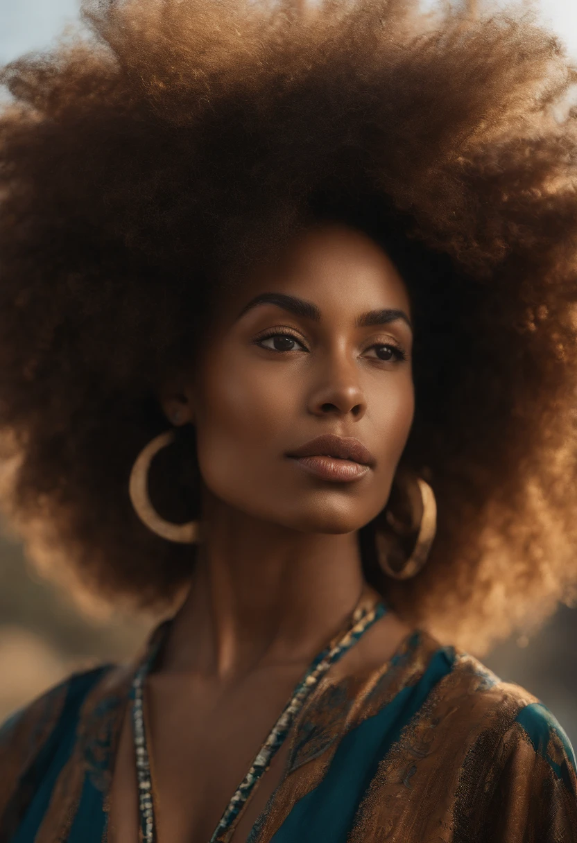 Destini with a very large afro hair posing for a picture, a digital rendering by Juan O'Gorman, shutterstock contest winner, afrofuturism, afro, afro hair, with textured hair and skin, with afro, light-brown skin, brown skin. light makeup, mixed-race woman, brown skin, diffused natural skin glow, brown skinned, make her look real and very beautiful