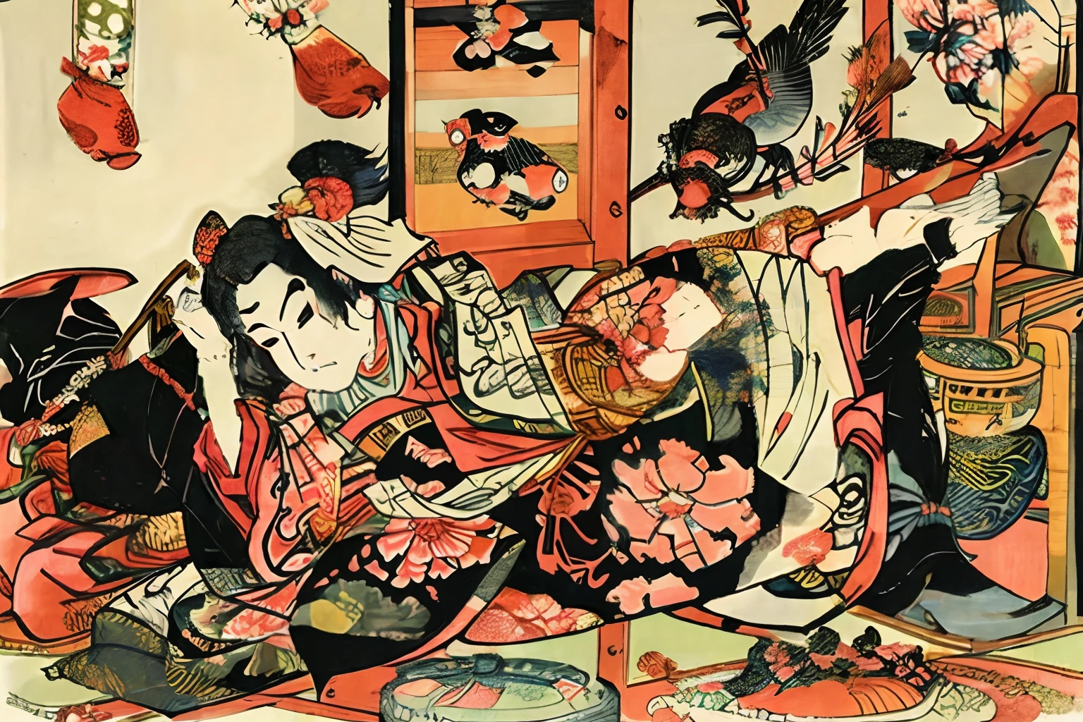 arafed woman in kimono sitting on a bed with a bird cage, traditional japanese painting, edo period, by Yanagawa Shigenobu, shunga style, traditional japanese art, by Suzuki Harunobu, by Tosa Mitsunobu, by Hishikawa Moronobu, ancient japanese painting, by Utagawa Kunimasa