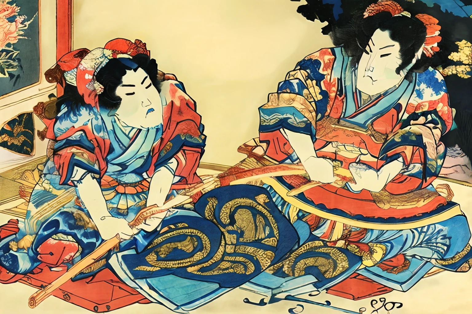 ((masterpiece), (best quality), (highly detailed)), 2 japanese courtesans, one of them is playing a shamisen, sitting on fine cushions, aotac, (hair ornament:1.2), Acssessory