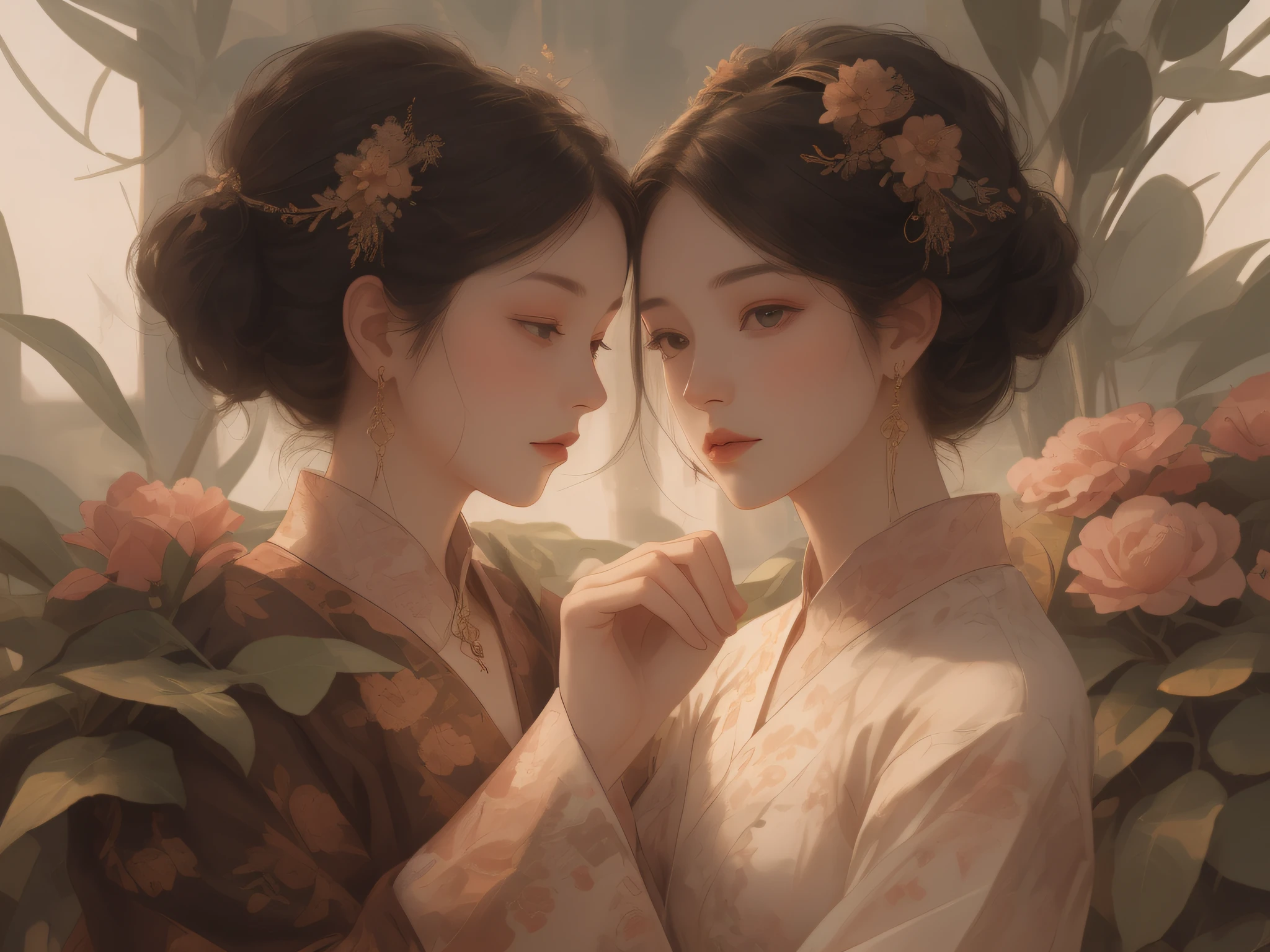 Best quality、tmasterpiece、A high resolution、2 flat-chested girls、White porcelain soft satin dress、white dresses，long white robe，Delicate hair accessories、Fine Necklace、detailed jewellery、pretty  face、Physically、Flat and thin body，smallunderboob，Tyndall effect、realisticlying、Surrounded by white flowers、White flowers，edge lit、Surrounded by white flowers、bicolor lighting、（highdetailskin：1.2）、8K, Ultra HD、Digital SLR、softlighting、high high quality、volumettic light、sneak shot、photore、A high resolution、4K、8K、The background is blurred out，