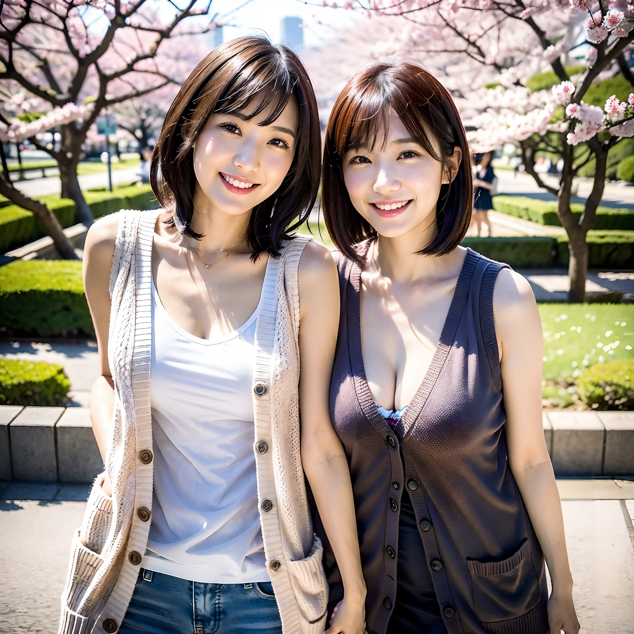 The season is spring、Cherry blossoms are blooming、Two Japan women taking photos in a park on the Sumida River in Japan、It was a 27-year-old woman...、It was a small breast with loose fluffy long bob hair、One is a 31-year-old woman with small breasts and long bobs.......The two are having fun、small tits、Small、discreet breasts、I'm wearing a sleeveless dress I'm wearing a cardigan、street snap、Adult personal clothes、ssmile、Look at me with a kind smile.、The background is Tokyo、