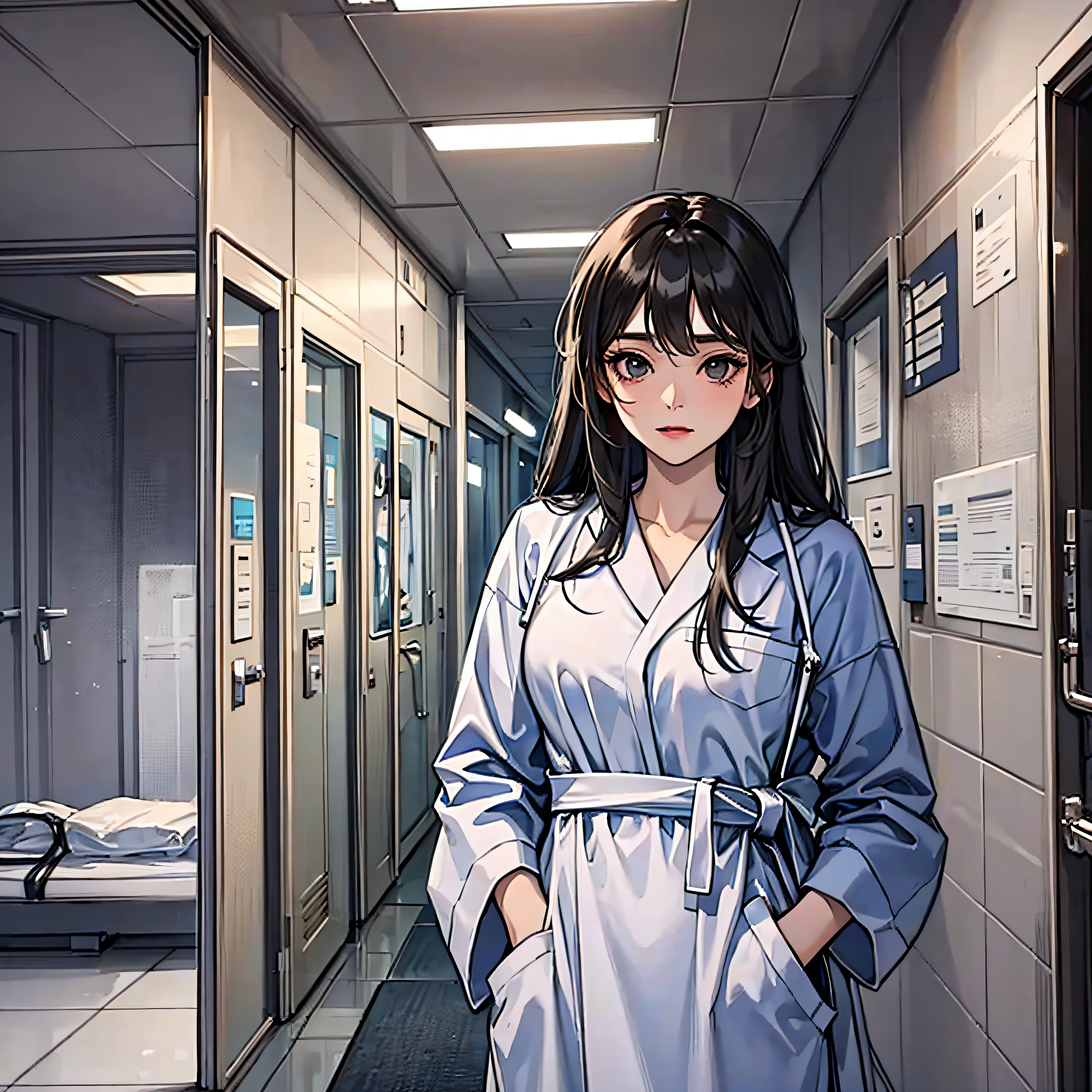 A woman with long black hair, wearing a hospital gown, frozen in ice, background: hospital