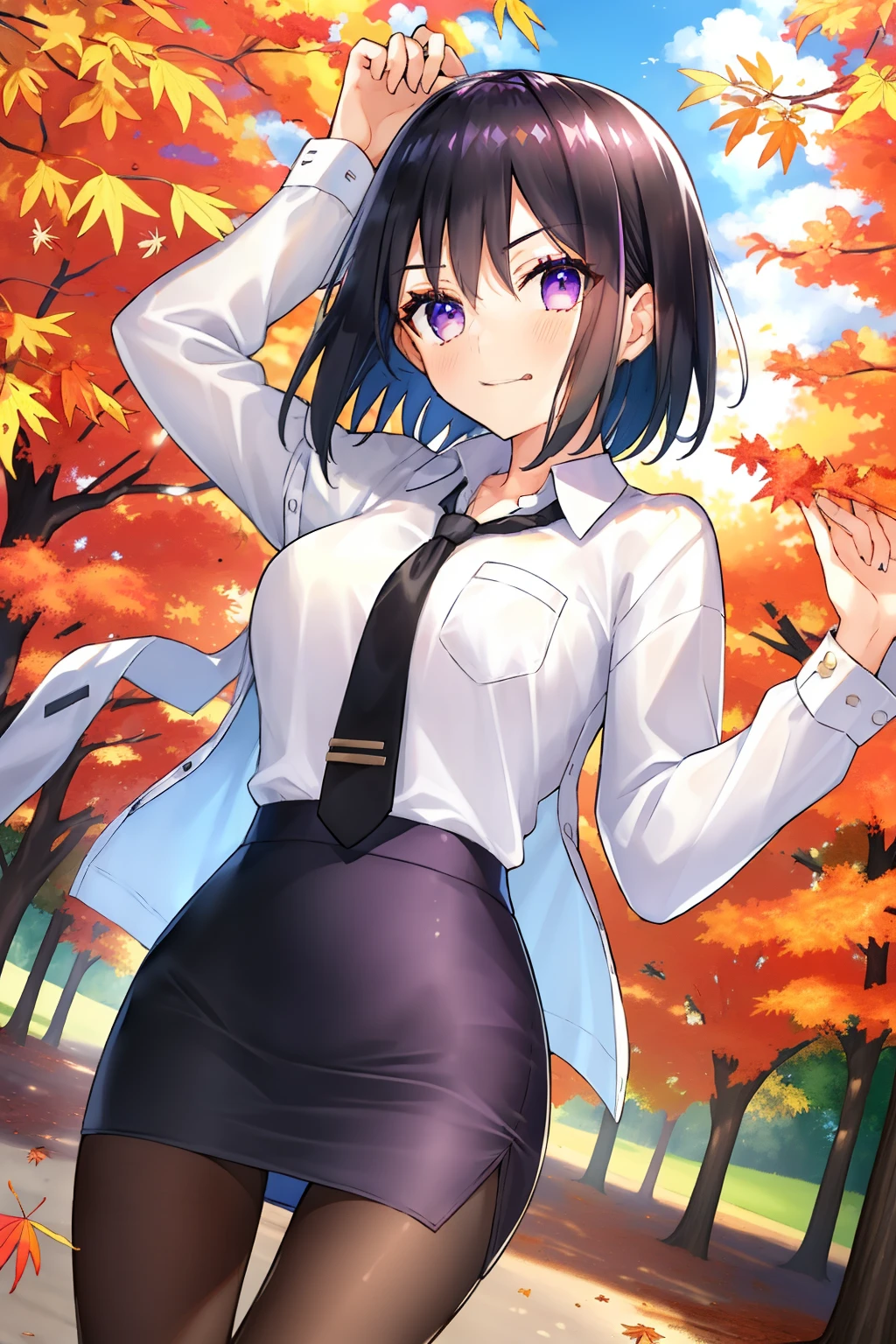 1girl in, Solo, (Black hair:1.15), Purple eyes, Short hair, White shirt, Miniskirt, Skirt, Black skirt, Pencil_Skirt, Cowboy Shot, black necktie, hair between eye, Outdoors, Park, Autumn, maple trees, Purple Pantyhose,