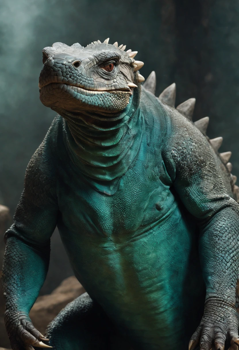 fking_scifi anthropomorphic Komodo Dragon King. Show the whole body. The skin color is blue-green. The presence of horns on the head. Armor with intricate details. Rich in scale texture. Professional studio shots. Ultra-realistic, intricate details