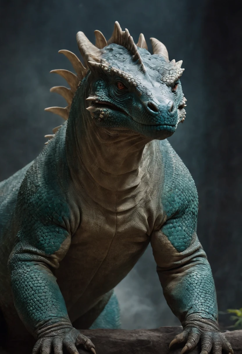 fking_scifi anthropomorphic Komodo Dragon King. Show the whole body. The skin color is blue-green. The presence of horns on the head. Armor with intricate details. Rich in scale texture. Professional studio shots. Ultra-realistic, intricate details