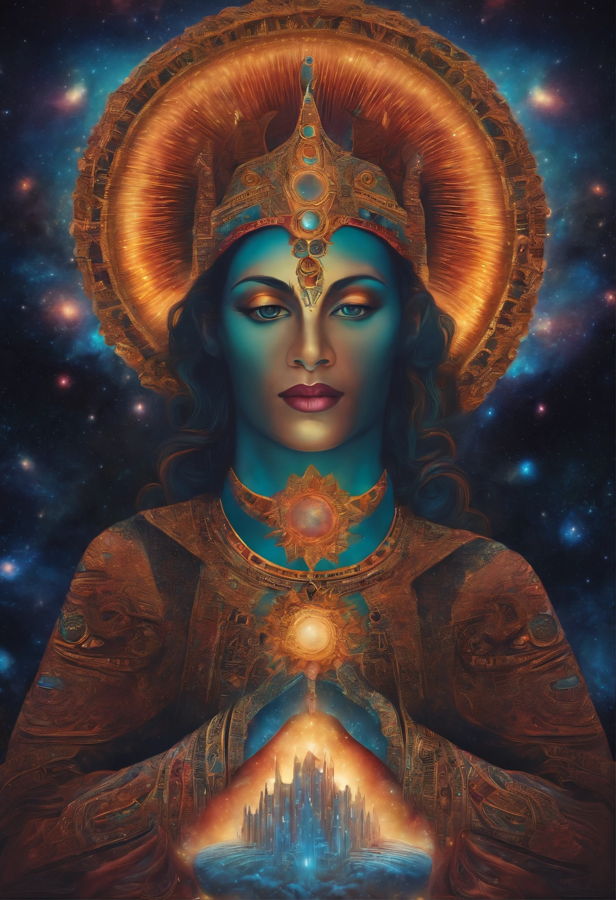 beautiful intricate egyptian goddess face surrounded by (glowing sacred geometry:1.3), (catlike features:1.2), eyes closed, (art by alex grey:1.5), (unreal engine 5:1.4), 8k hd, advanced shading, external light source, glowing chakras, glowing energy, (high contrast:1.1), planets and stars, (highly details, highly intricate:1.7), (ultra realistic:1.1), very colorful, (psychedelic:1.1), (3d rendered art:1.4)