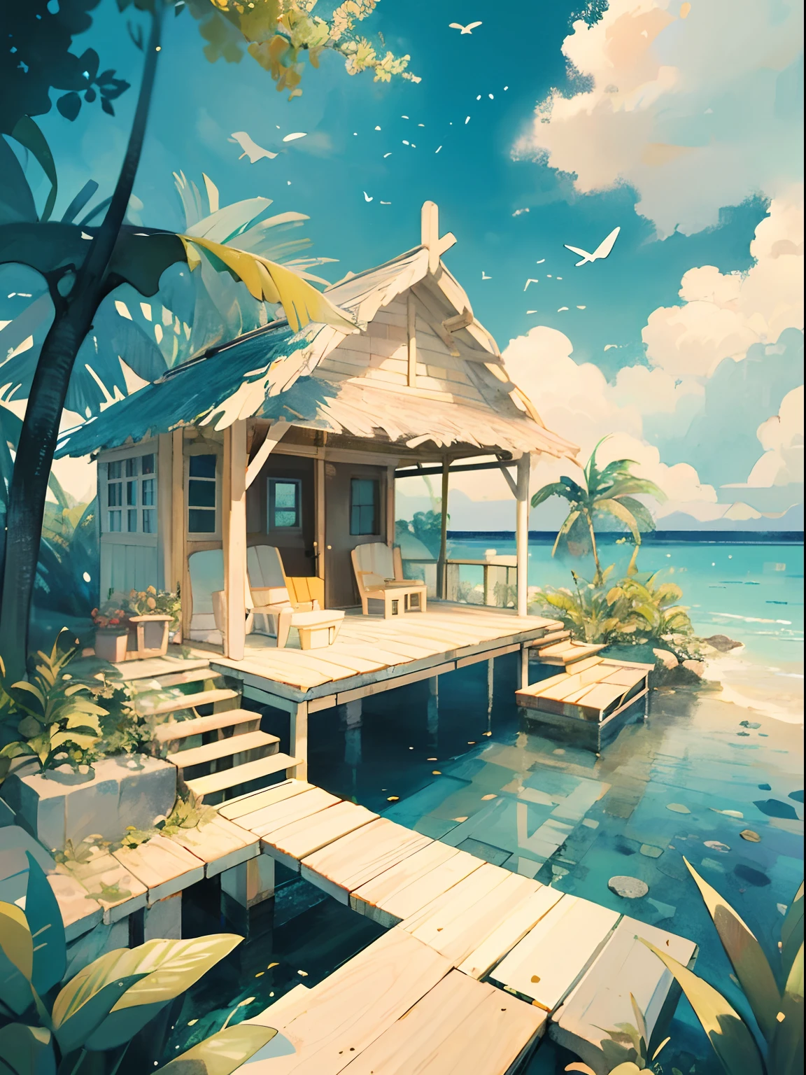 (((masterpiece))),best quality, whitetown, Deserted Island, small island, small house, resort