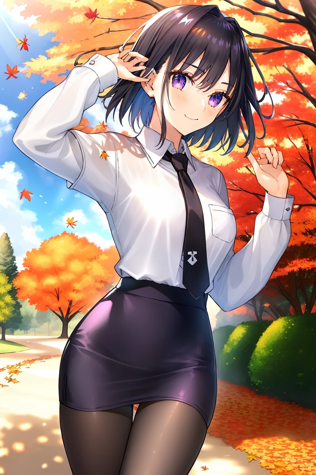 1girl in, Solo, (Black hair:1.15), Purple eyes, Short hair, White shirt, Miniskirt, Skirt, Black skirt, Pencil_Skirt, Cowboy Shot, black necktie, hair between eye, Outdoors, Park, Autumn, maple trees, Purple Pantyhose,