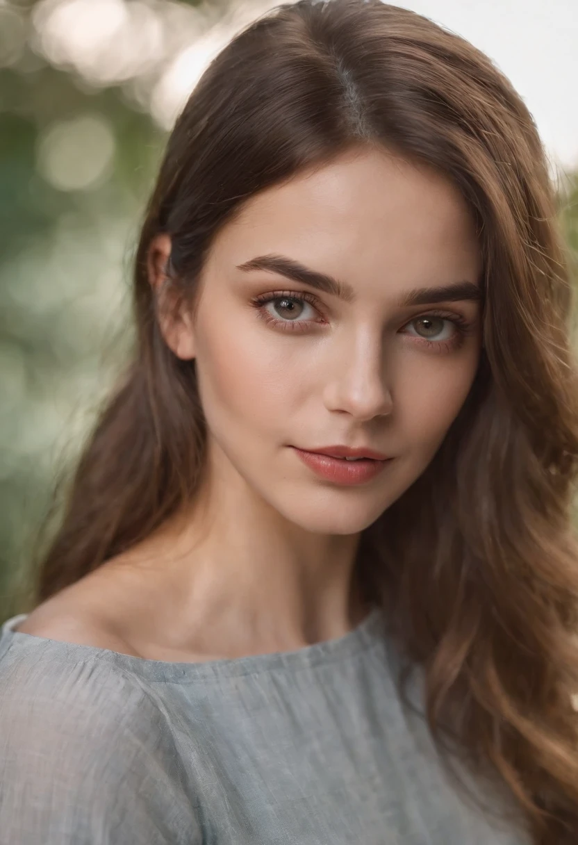 Uma jovem com pele fresca e cheia de sardas. Olhos castanhos brilhantes e expressivos. Thin lips and a playful smile.