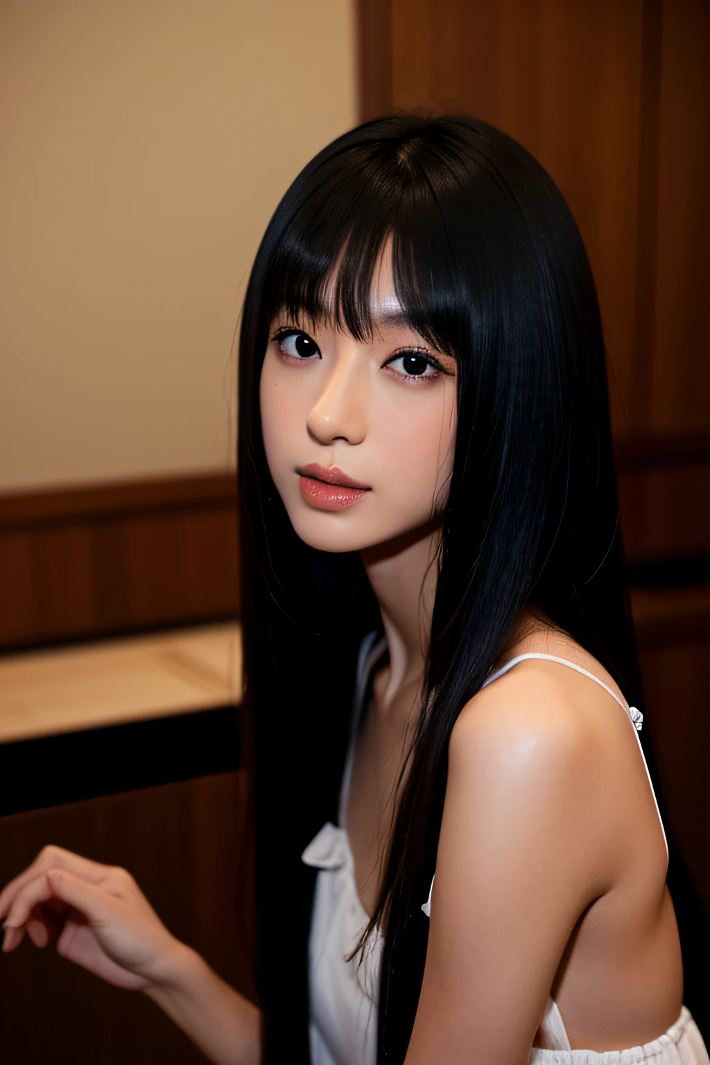 1girl in, Kuchiaki, jet-black hair, Black eyes, Long hair, Straight hair, Bangs, Japanese face, Japanese actor, Camisole, jeans, face close-up, realstick, photo, 8k,