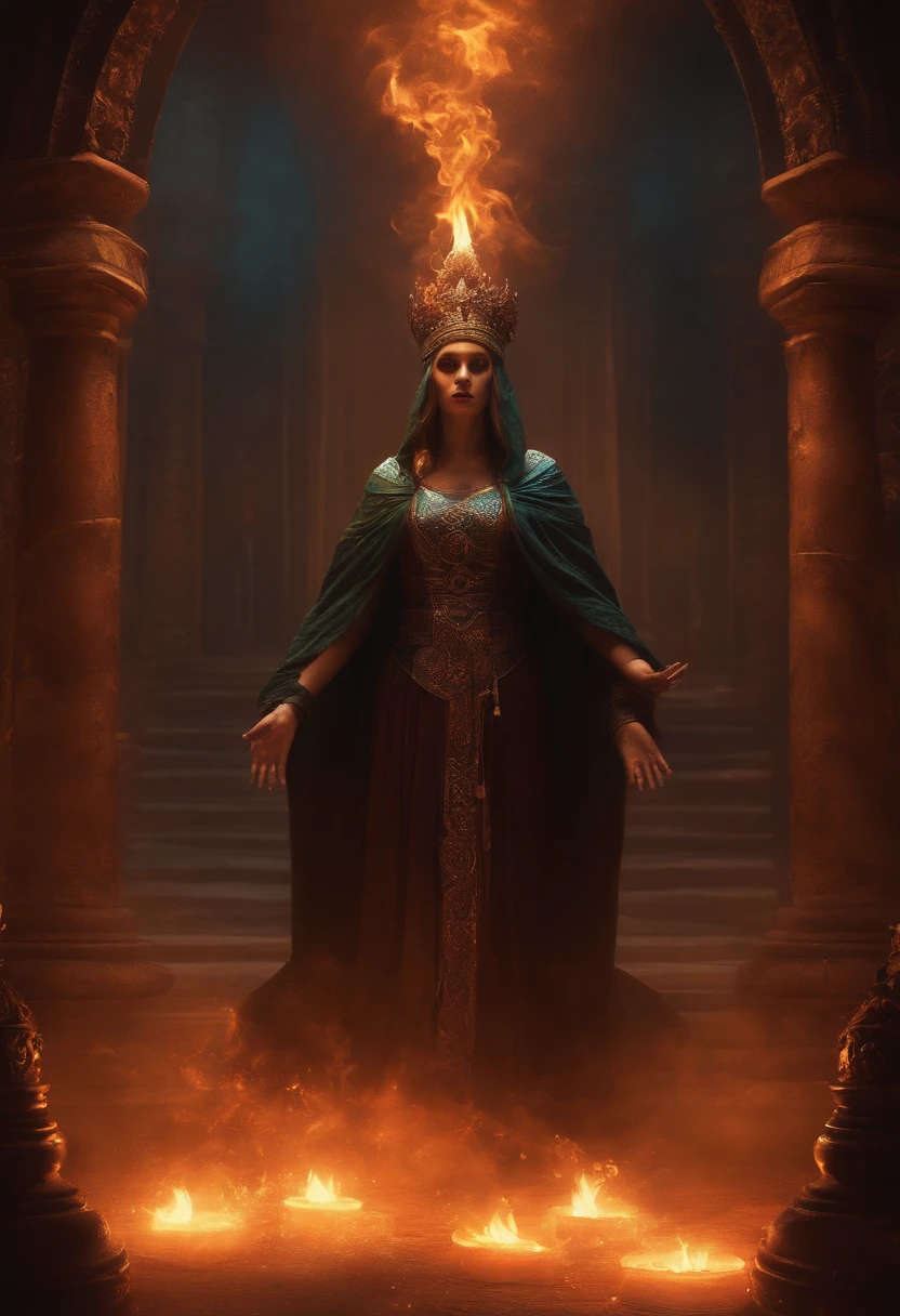 Cultists converge in a haze of flickering candlelight and billowing smoke, summoning an otherworldly presence amidst swirling shadows., nightmarish, Very bright colors, Light particles, with light glowing, Mshiff, wallpaper art, UHD wallpaper