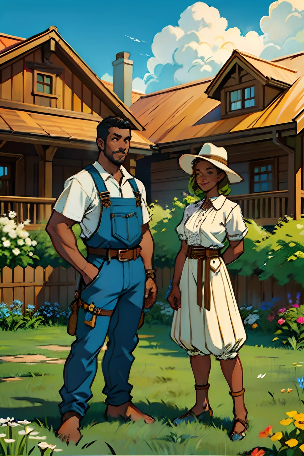A smiling, dark skinned man and woman, standing in front of a house, wearing carpentry tool belts, holding carpentry tools, background is white picket fence, grass, house, clouds, mood is productive, working, summertime, daytime light, character design.