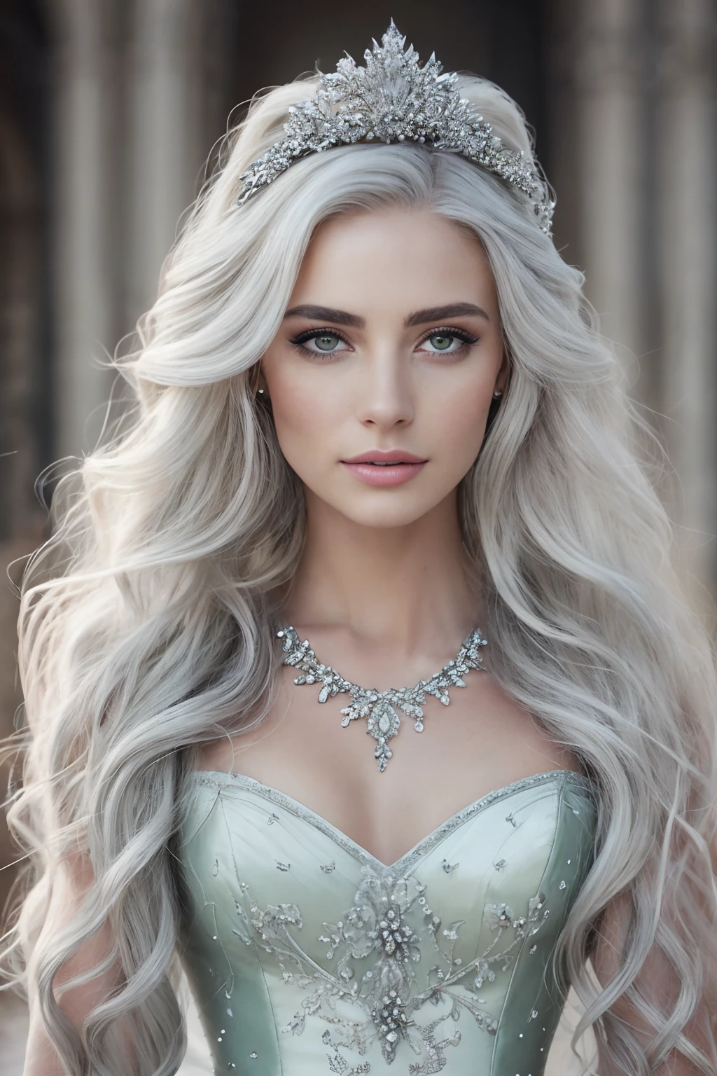 a close-up photography of a elegant Princess with very long (windblown:1.1) ombre platinum white hair, disbelief, flat sagging breasts with long ,
she is strolling in Cinderella castle, she is wearing a beautiful multiple stitched layers green ballgown with black accent, encrusted with jewels, intricate pattern, detailed, hair accessory
glamour model, (textured skin, skin pores:1.1), (moles:0.8), imperfect skin, goosebumps, flawless face, (light freckles:0.9), windy, (night:1.1), dark theme, star, moonlit