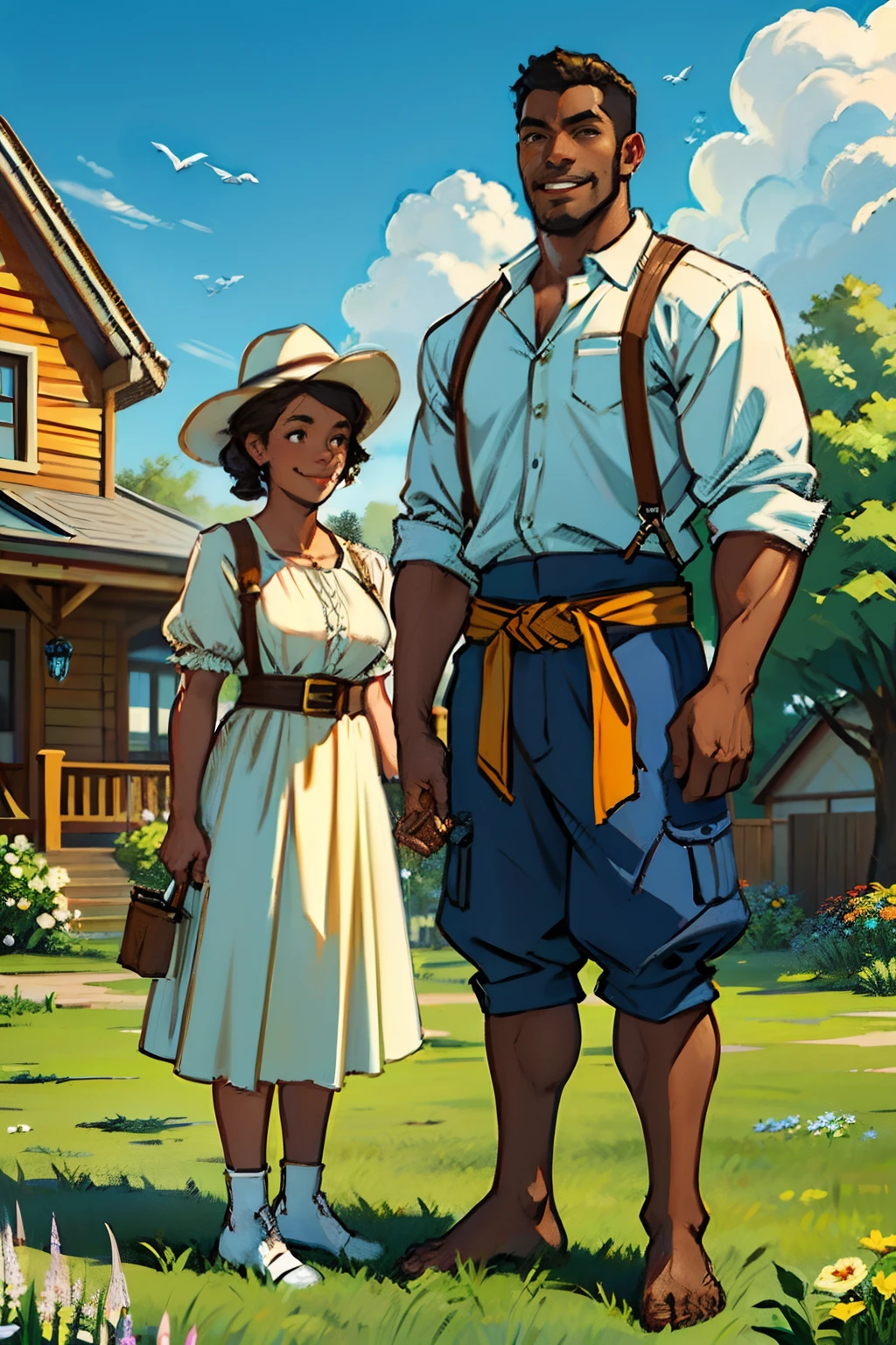 A smiling, dark skinned man and woman, standing in front of a house, wearing carpentry tool belts, holding carpentry tools, background is white picket fence, grass, house, clouds, mood is productive, working, summertime, daytime light, character design.