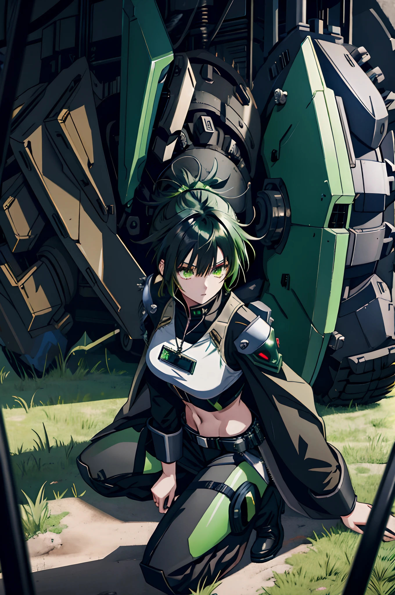 Anime girl sitting on the ground，Black cape and green hair, rogue anime girl, the anime girl is crouching, Wearing a cloak on the blasted plain, holy cyborg necromancer girl, badass posture, mechanic punk outfit, anime styled 3d, render of a cute 3d anime girl, gapmoe yandere grimdark, Female character，musculature，Abs，Glowing green eyes，Black hair with green gradient，short detailed hair，Bunched hair，Dull hair，huge tit，Tomboyish，Be red in the face，looking at viewert，There was a mech next to her，One-eyed mech，The mech extends its shield to protect her，The girl has a dog tag on her chest，nabel，Humanoid mech