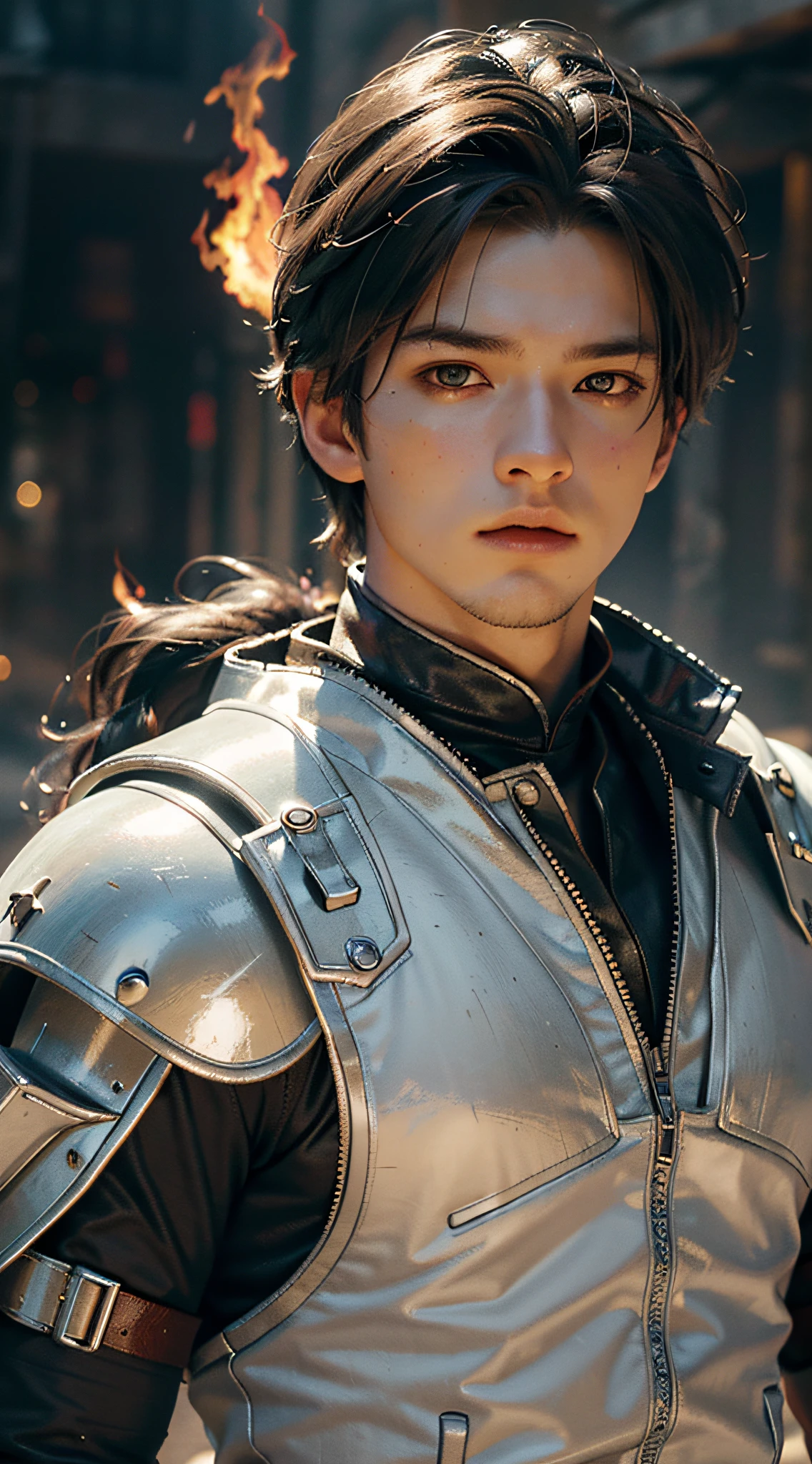 Best quality, masterpiece, ultra high res, (photorealistic:1.4), raw photo, 1boy, white warrior armor, cinematic lighting, ((male)), fierce face, fire elements