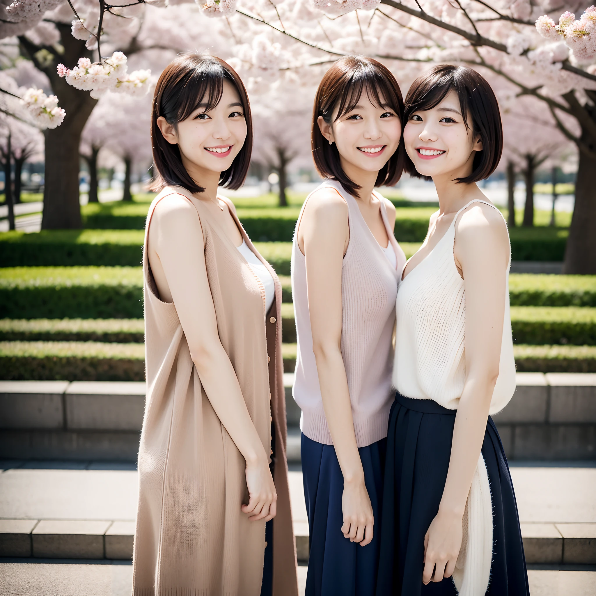 The season is spring、Cherry blossoms are blooming、Two Japan women taking photos in a park on the Sumida River in Japan、One is a 27-year-old woman with small breasts with loose fluffy long bob hair、One is a 31-year-old woman with small breasts and a long bob..The two are having fun、small tits、Small、discreet breasts、I'm wearing a sleeveless dress、I'm wearing a cardigan、street snap、Adult personal clothes、ssmile、Look at me with a kind smile.、The background is Tokyo、