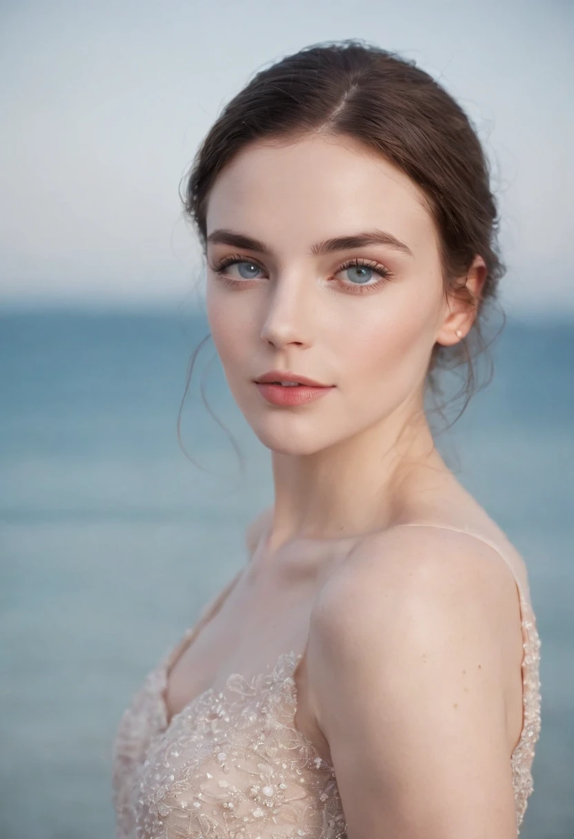 Flawless and pale skin, destacando delicadas sardas na ponta do nariz.
Olhos grandes e luminosos, of a light blue like the sky.
Finely arched eyebrows and naturally pink lips.