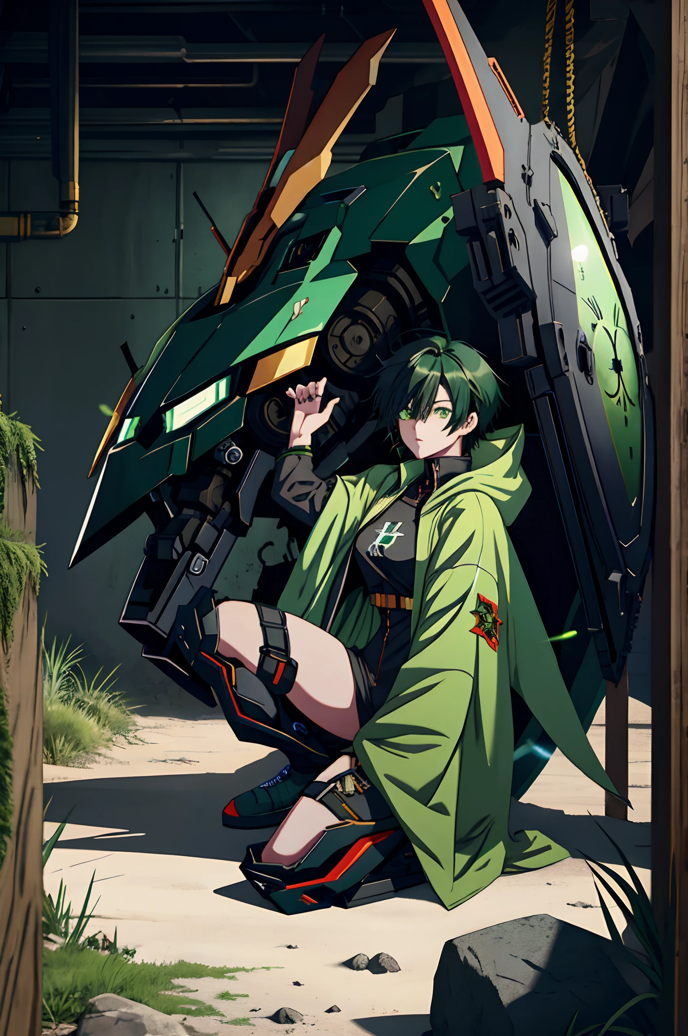 Anime girl sitting on the ground,Black cape and green hair, rogue anime girl, the anime girl is crouching, Wearing a cloak on the blasted plain, asuka suit under clothes!, holy cyborg necromancer girl, badass posture, mechanic punk outfit, anime styled 3d, render of a cute 3d anime girl, gapmoe yandere grimdark, Female character,musculature,Abs,Glowing green eyes,Black hair with green gradient,short detailed hair,Bunched hair,Dull hair,huge tit,Tomboyish,Be red in the face,looking at viewert,There was a mech next to her,One-eyed mech,The mech extends its shield to protect her,Round shield,Humanoid mech,complete with guns in her hands