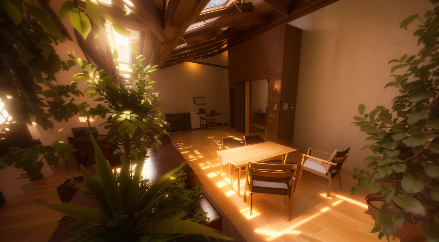 There is a table and chairs in a room with a skylight, very realistic 3 d render, 3d unreal engine render, 3 d render motor irreal, in style of 3d render, 3d render highly detailed, 3d render highly detailed, enscape render, 3d render irreal, non-Unreal Engine 5 rendering, render 3d bem iluminado