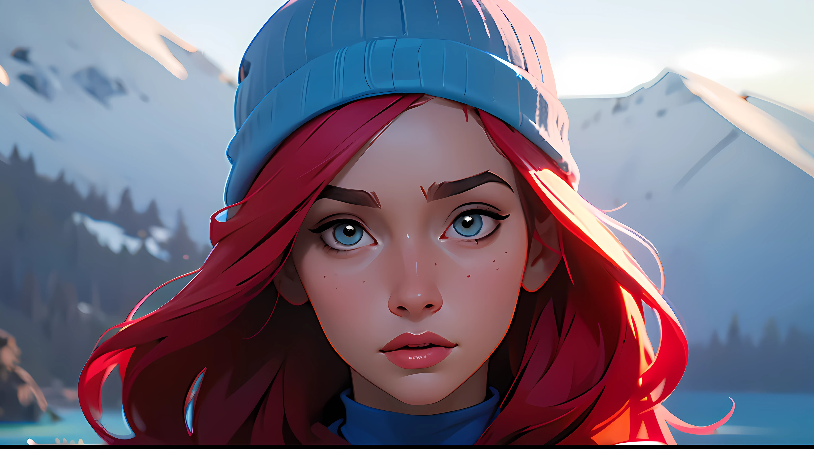 masterpiece, 4k, close up, shallow dept of field, picture of a beautiful red head woman with long hair and wearing a blue beanie and blue sweater