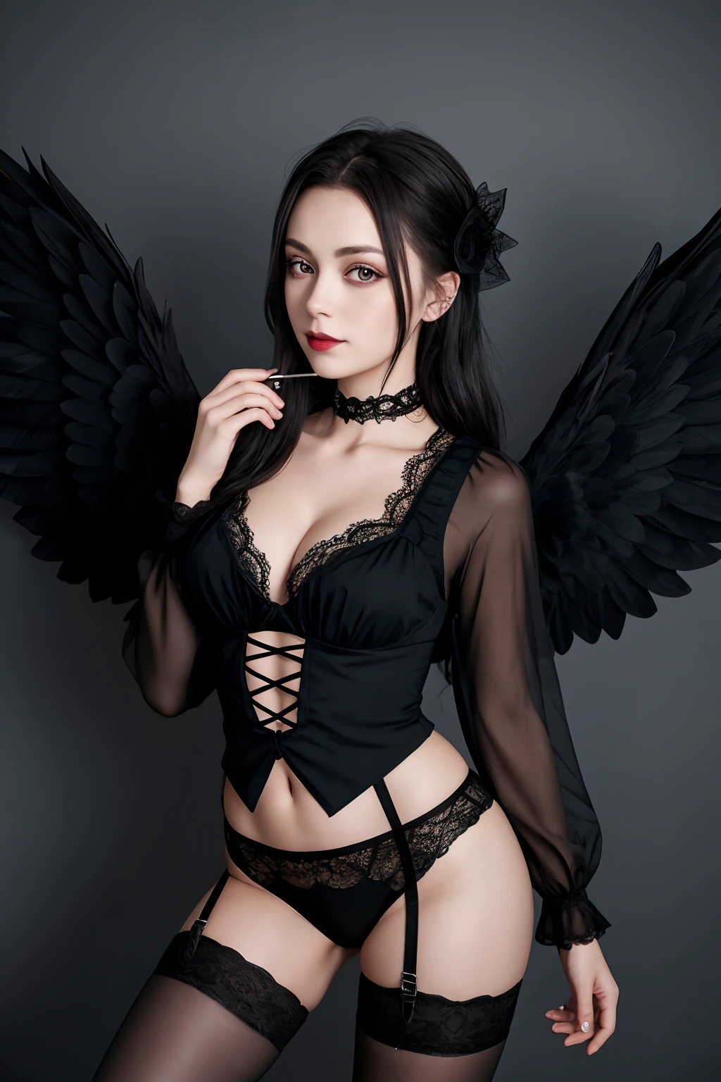 Image of a Gothic Girl. Gesicht anpassen. 22 Jahre alt, Scharfes Kinn, Fotografie, RAW-Foto, Meisterwerk, Extrem detailliertes Foto, DSLR, fotorealistisch 1.4, Ultra hi nichts, best quality, rosa Lippen, Perfektes Make-up, Full body image, hoch, toned, vollbusig, black angel wings