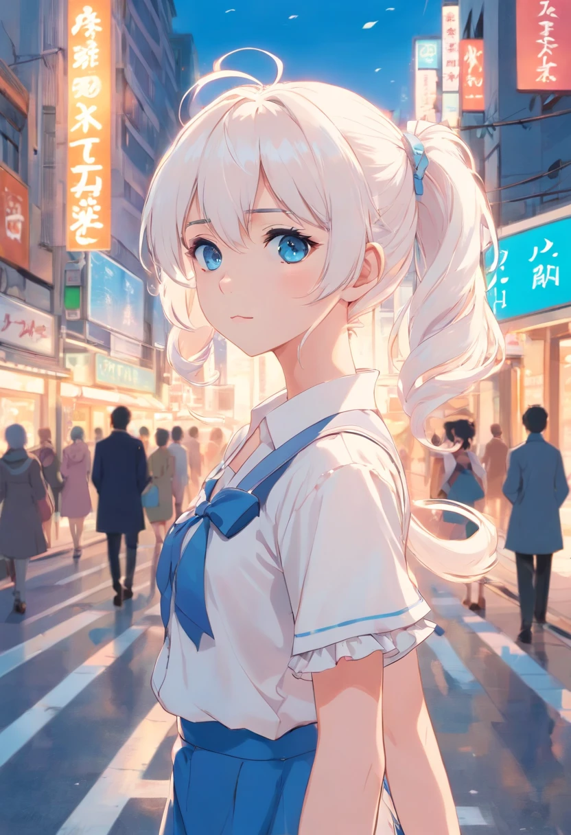 white color hair,Double ponytail curls,blue color eyes,White ta,Beth,A bustling city street