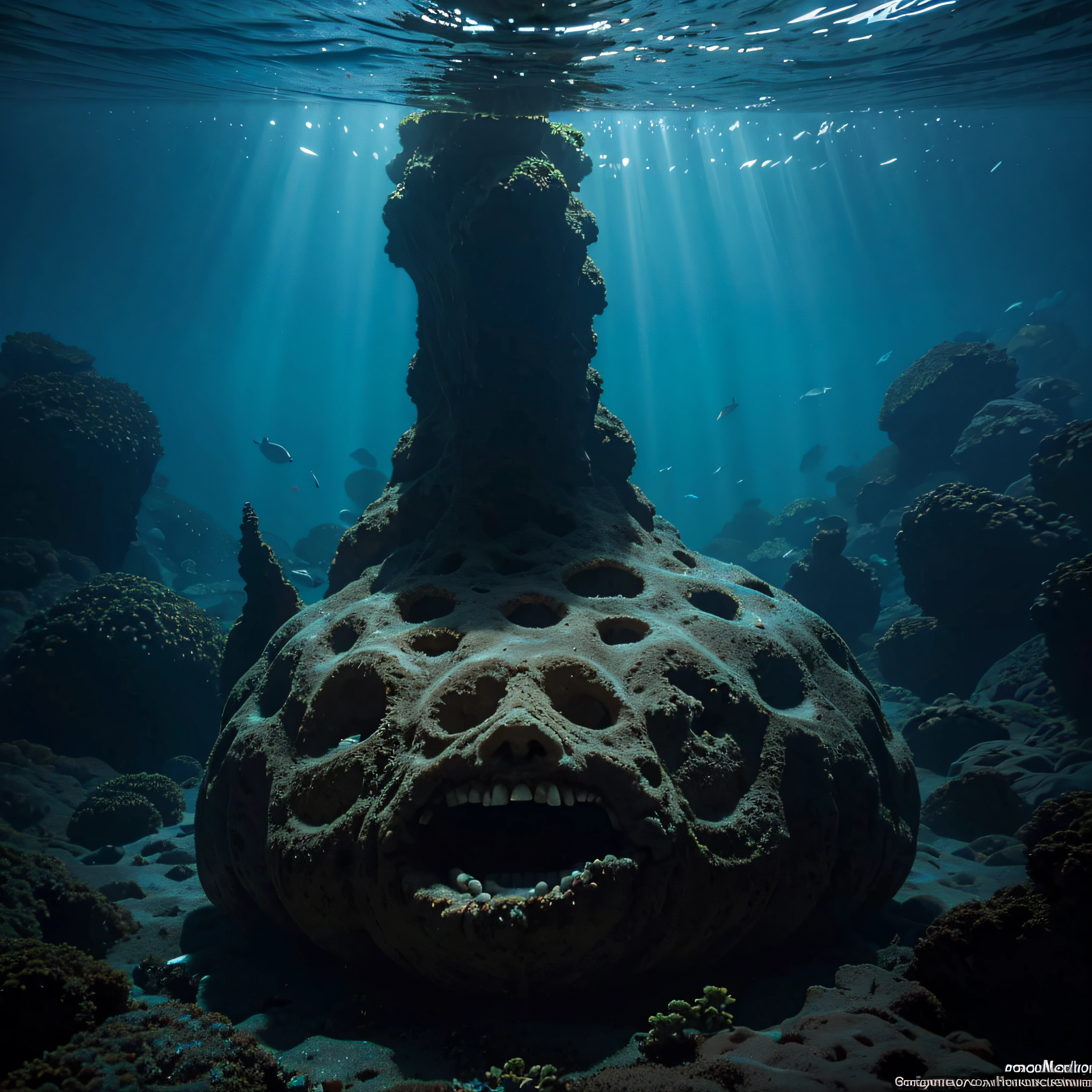 (extremadamente detallado, obra maestra, La mejor calidad, Under the Ocean), Estilo oscuro, volumetric illumination. textura de babosa, piel de caracol. ahogados flotando de fondo. Rococo composition.