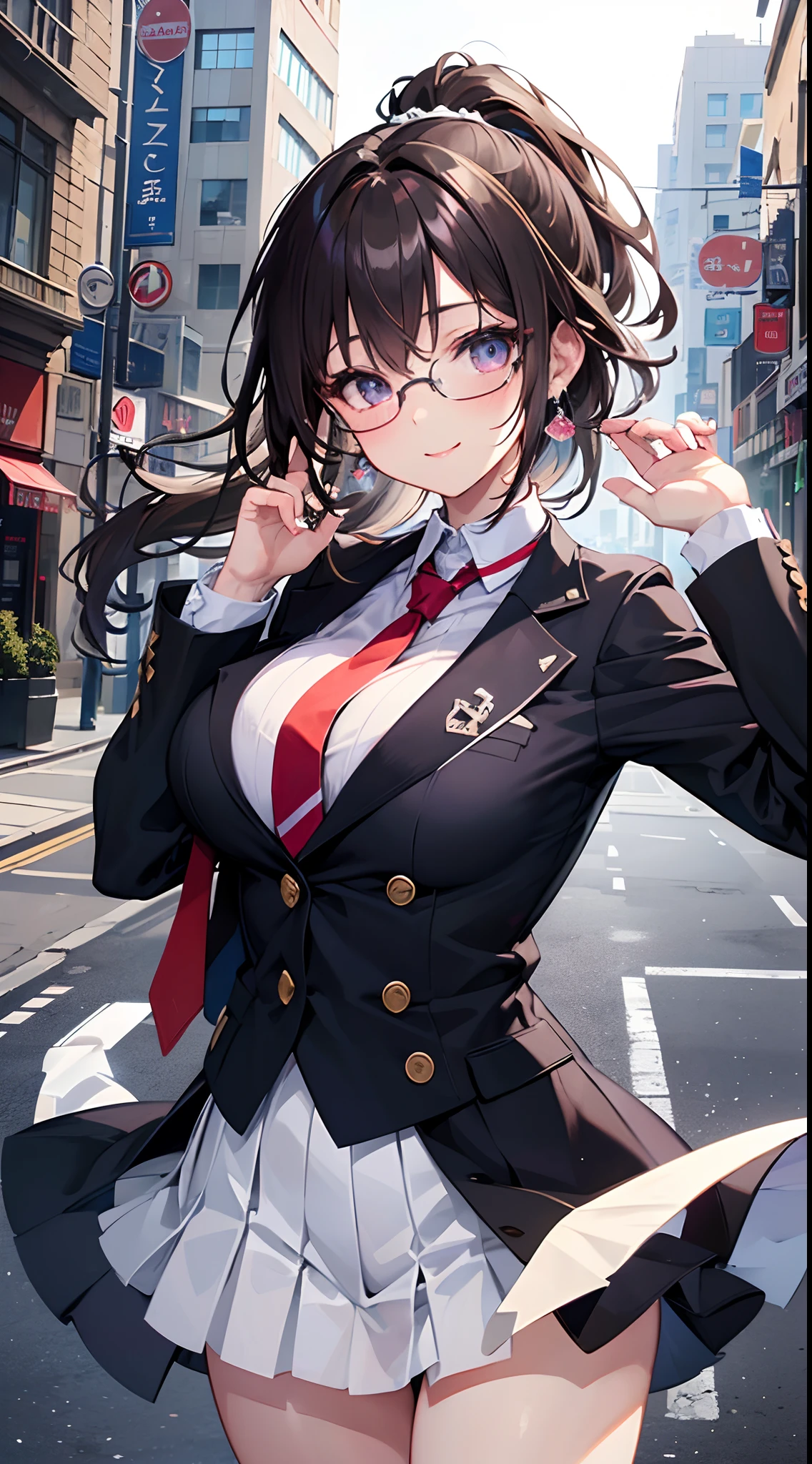 ((masterpiece)), ((best quality)), (ultra-detailed), ((kawaii)), cute, (lovely), ((sexy)), (ero), ((extremely detailed)), 4K, (8K), best quality, (beautiful), anime style, upper body, full body focus, city, town, morning, a pretty woman, solo, suit, beautiful dark brown hair, beautiful purple eyes, ((beautiful eyes with highlights )), white-skinned, ponytail, transparent hair, translucent hair, large breast, glasses, necktie, tie, earrings, necklace, smile, wind effect, reflection effect