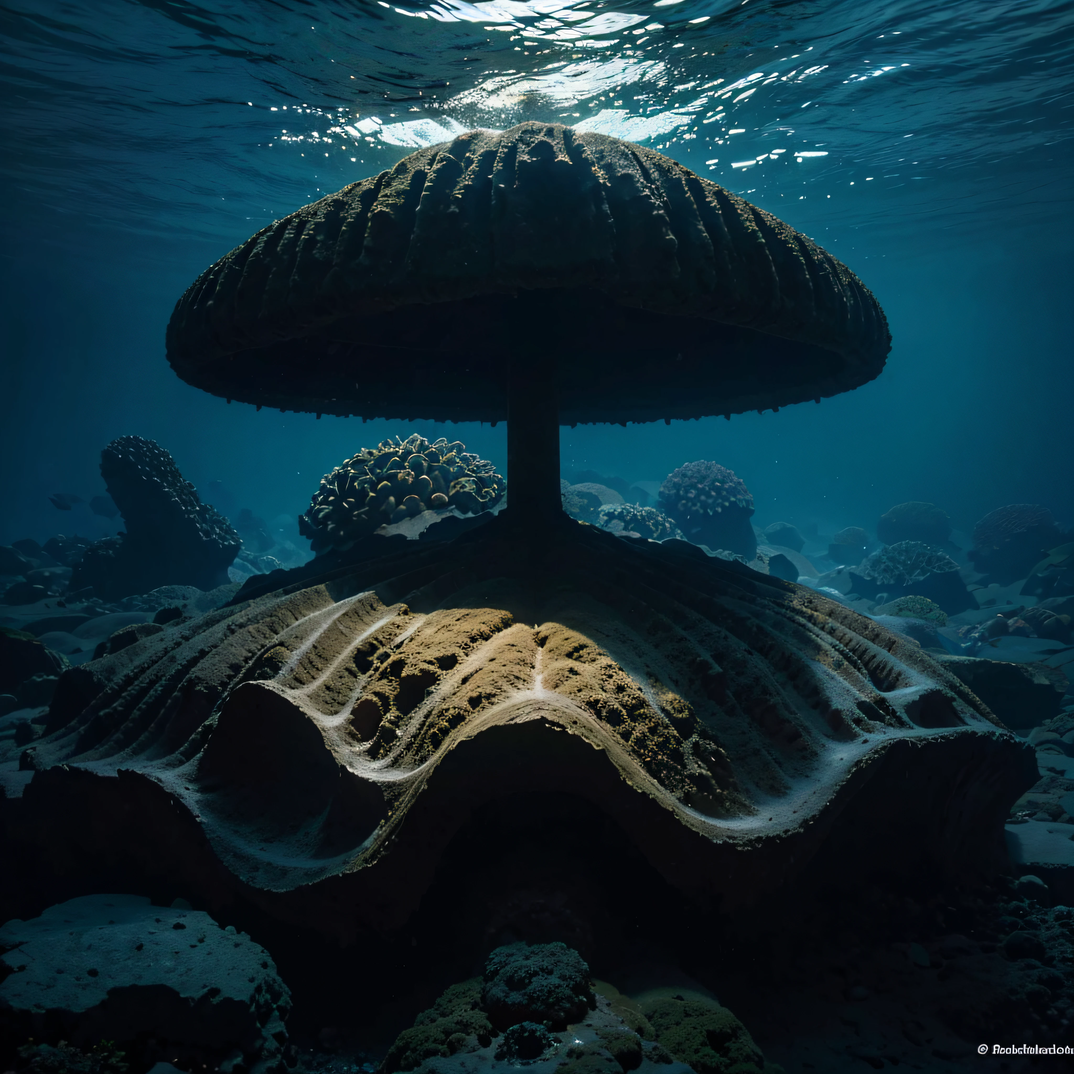 (extremadamente detallado, obra maestra, La mejor calidad, Under the Ocean), Estilo oscuro, volumetric illumination. textura de babosa, piel de caracol. ahogados flotando de fondo. Rococo composition.