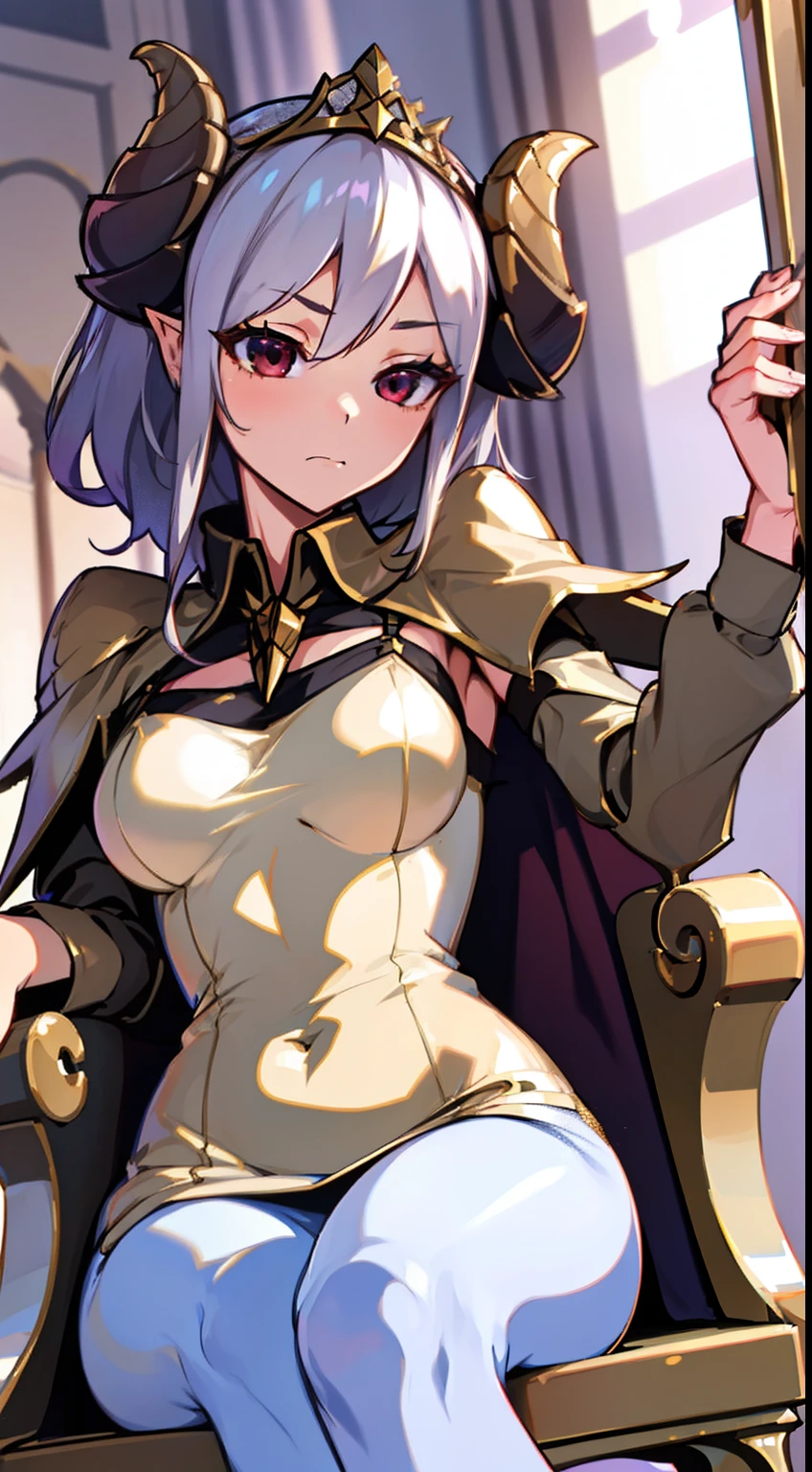 1girl 20 years,solo,serious face,light golden short dress,medium tits,white hair,short hair,red eyes,elves ears,golden horns,white pantyhose,gold high heels,((gold tiara)),Detailed,(long cape),(((sitting on the queen throne of a room inside a castle))),(((Front view)))