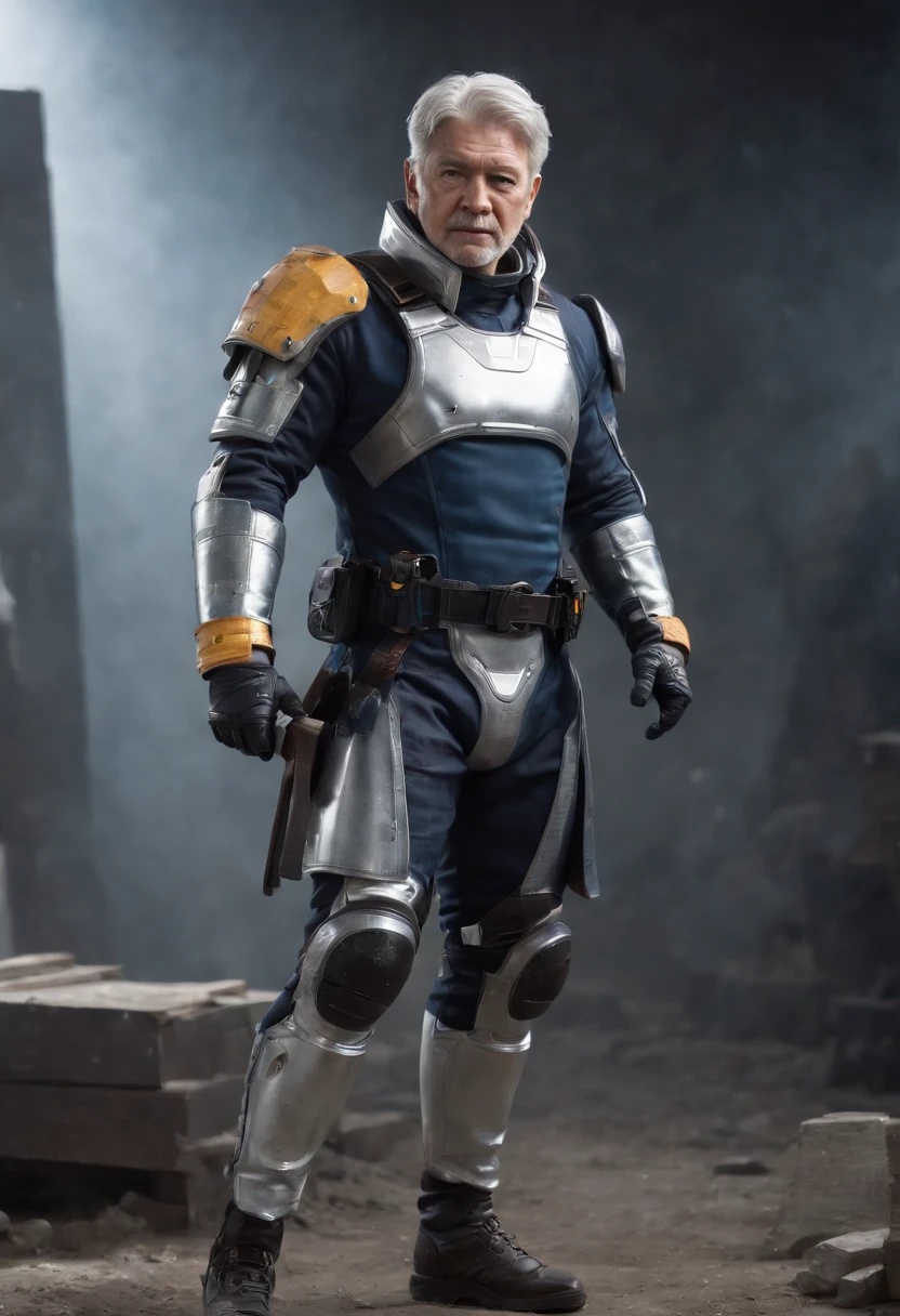 (masterpiece, highest quality, highest resolution, distinct_image, detailed details): (Solo, lone man, Japan face, Silver-haired man, short hair, full body figure, sparkling hazel colored eyes, pilot suit in metallic tone white and blue, black color, loose fit clothes, clothes covering the whole body, hansom, slim body, exoskeleton, knee boots, hero, standing, left arm holding a hammer, right arm holding a tape measure, wrist-length gloves, woodworking apron)