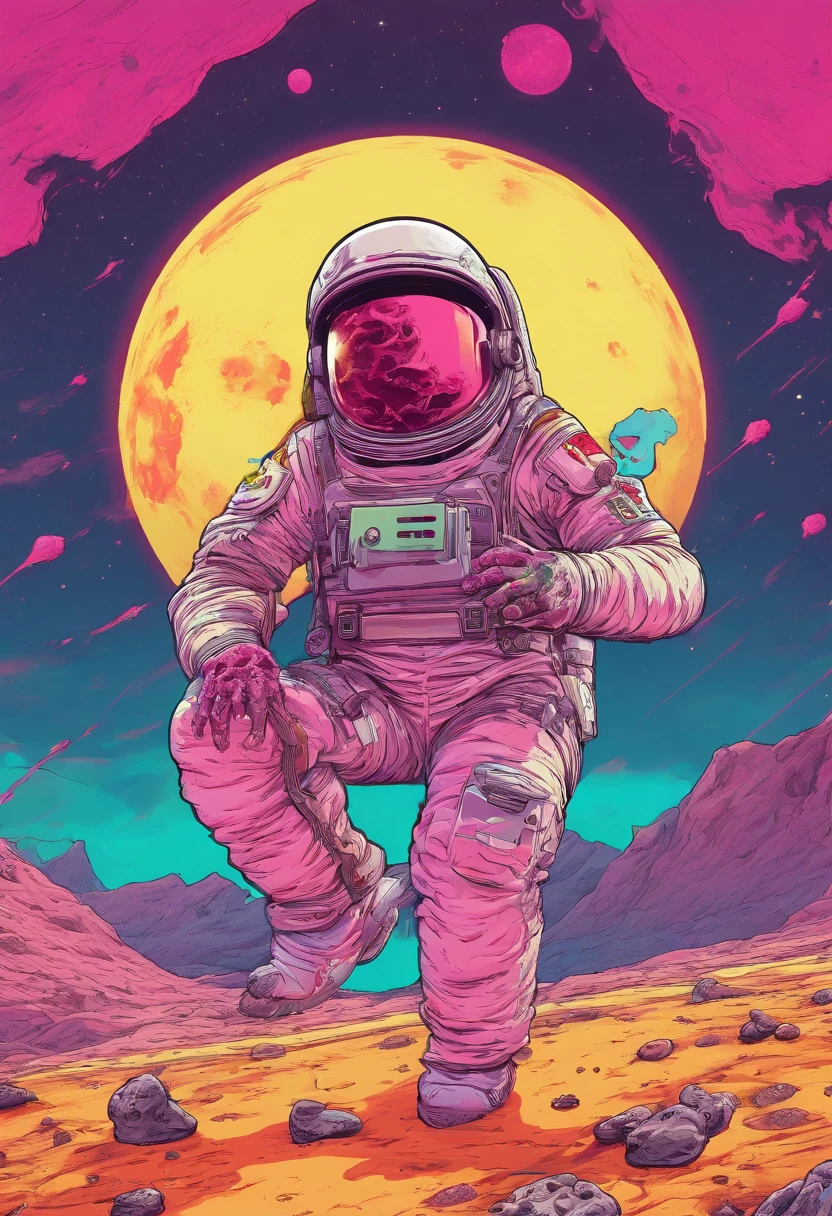 Generate Artwork , Glassmorphism a zombie astronaut eating pizza on moon surface