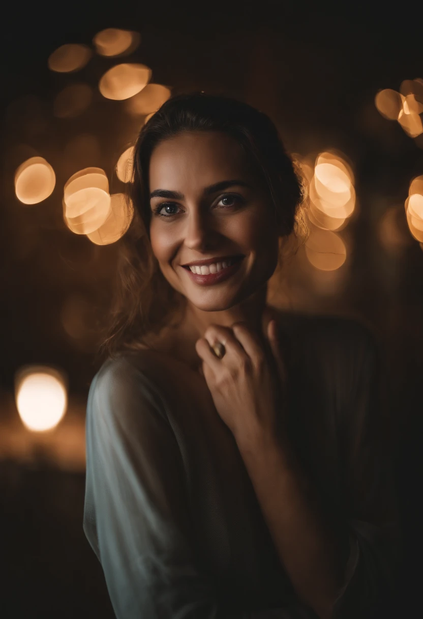 A woman with a luminous and healthy skin.
Olhos castanhos brilhantes e expressivos.
Um sorriso contagiante que ilumina todo o ambiente.