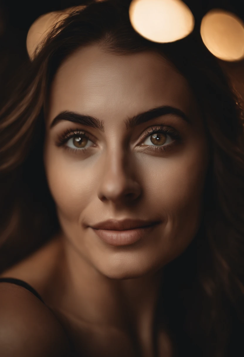 A woman with a luminous and healthy skin.
Olhos castanhos brilhantes e expressivos.
Um sorriso contagiante que ilumina todo o ambiente.