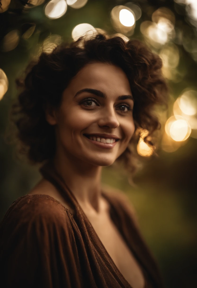 A woman with a luminous and healthy skin.
Olhos castanhos brilhantes e expressivos.
Um sorriso contagiante que ilumina todo o ambiente.