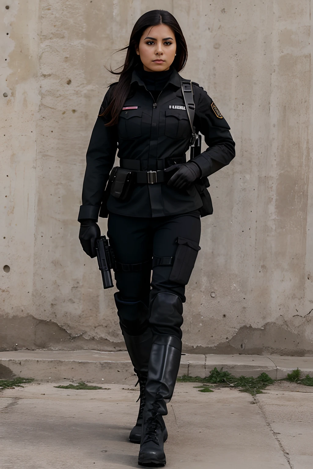 Full body shot of a Mexican woman in a military outfit with a silenced handgun, schwarzes und enges Oberteil, Carrying tactical equipment, braune boots, dunkle hautfarbe, schwarzer hintergrund